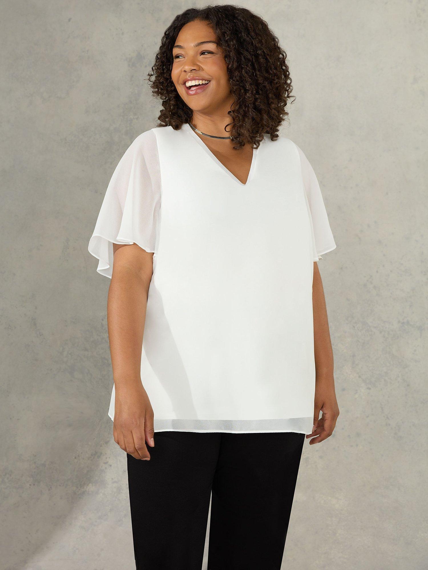 Live Unlimited Curve Ivory Rib Trim Angel Sleeve Top, White