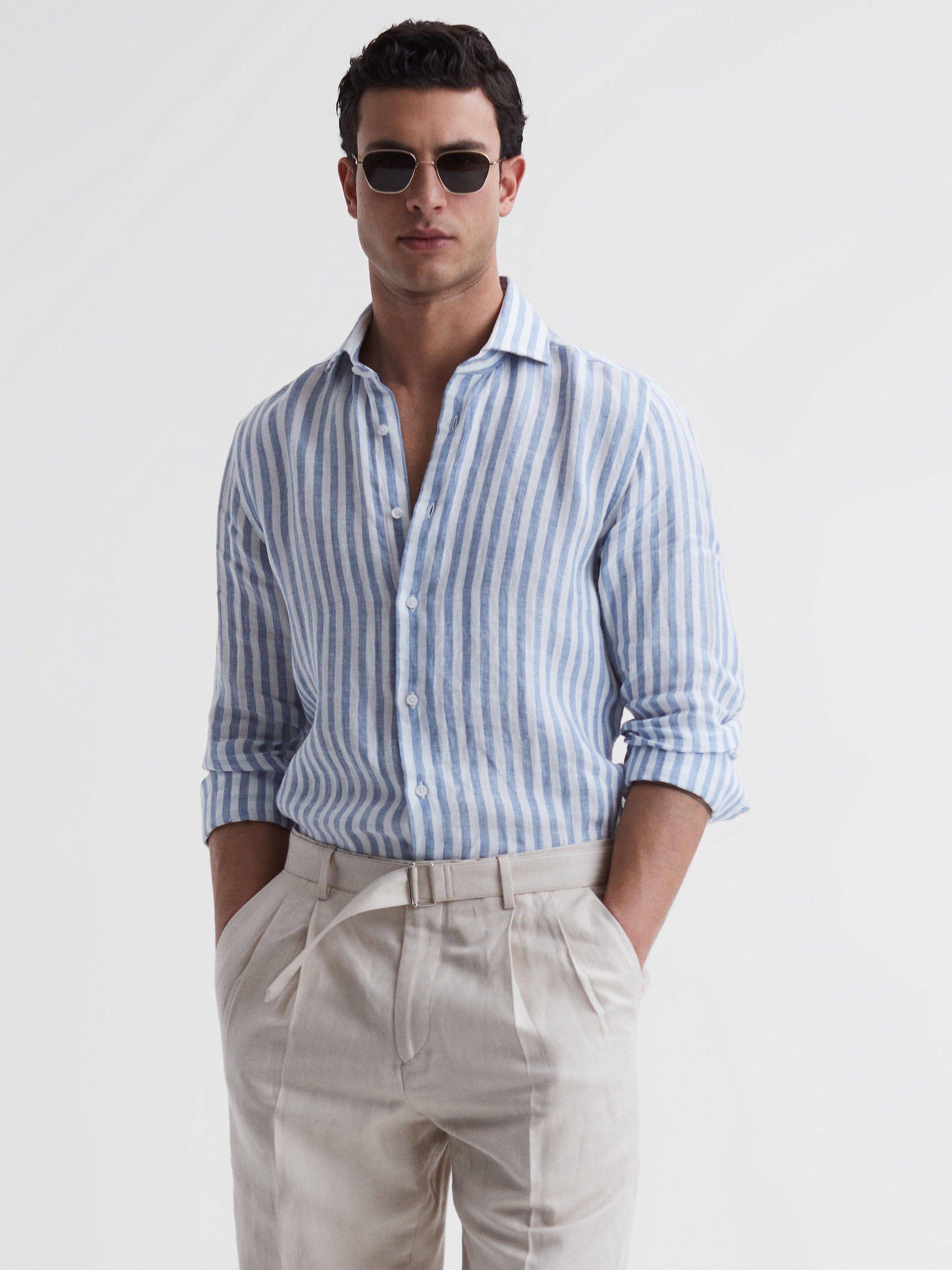 Reiss Ruban Stripe Regular Fit Linen Shirt, Soft Blue, M