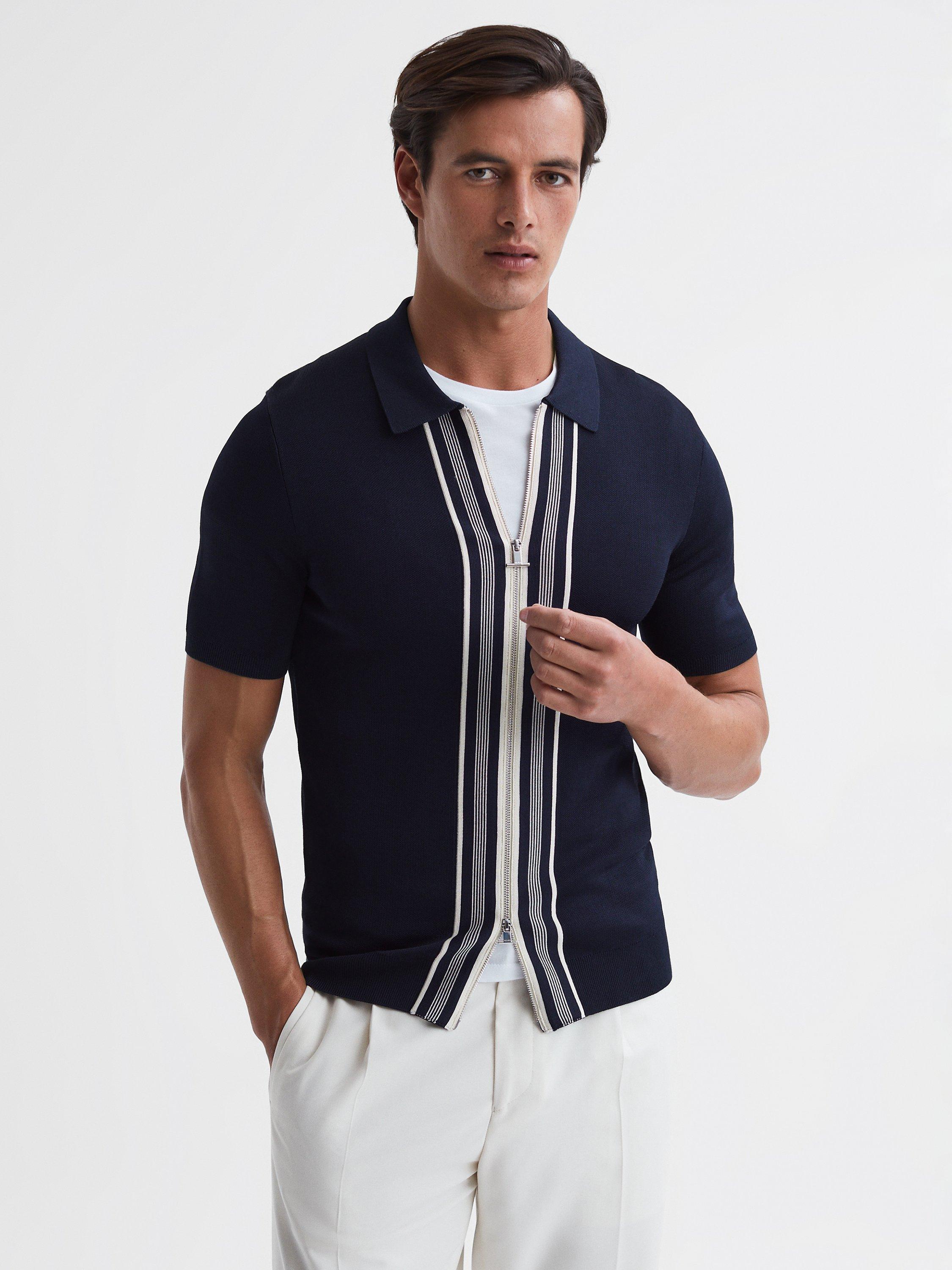 Reiss Castleton Zip Front Stripe Polo Shirt, Navy
