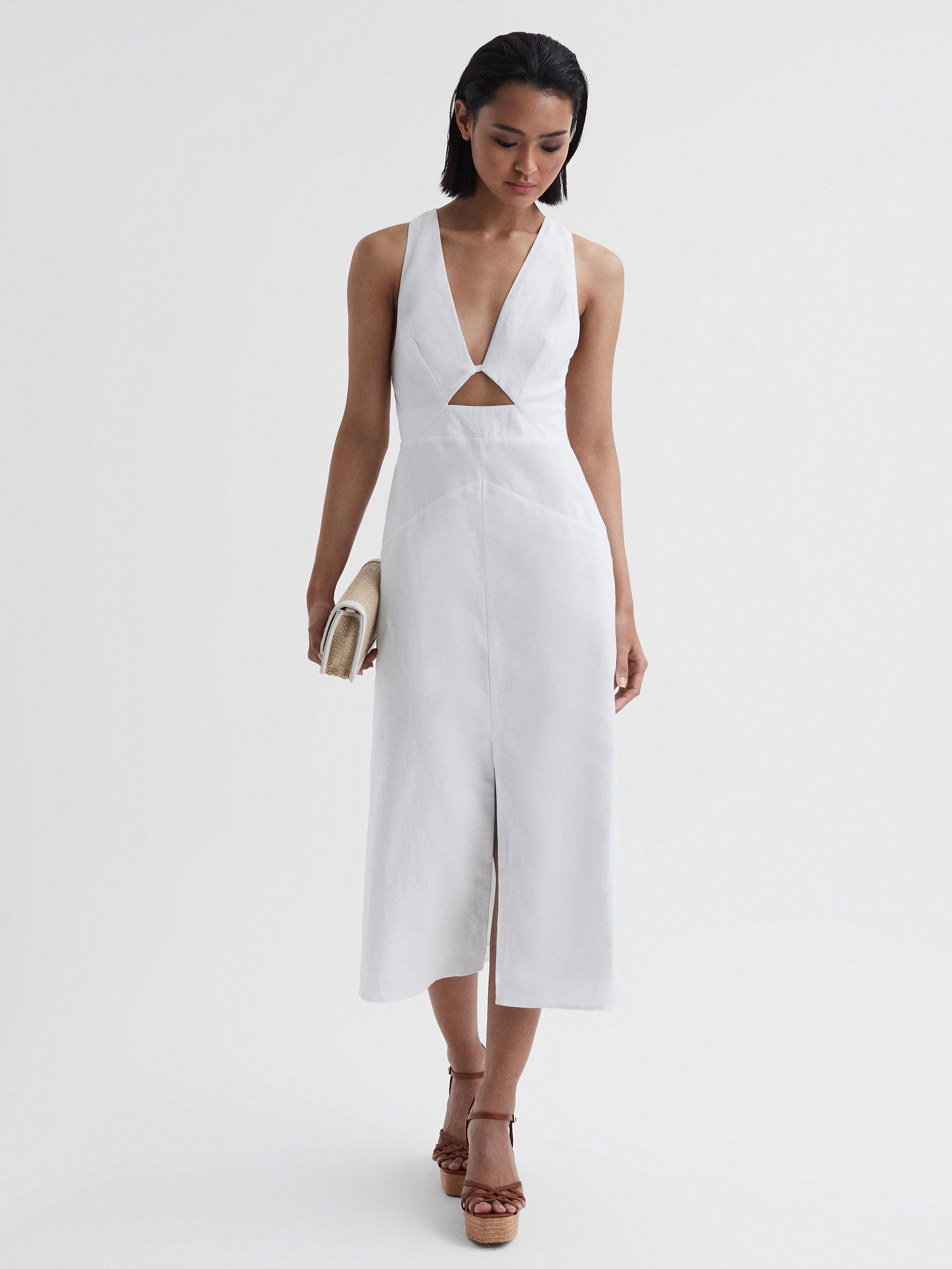 Reiss Rhoda Cut Out Linen Blend Midi Dress, Ivory