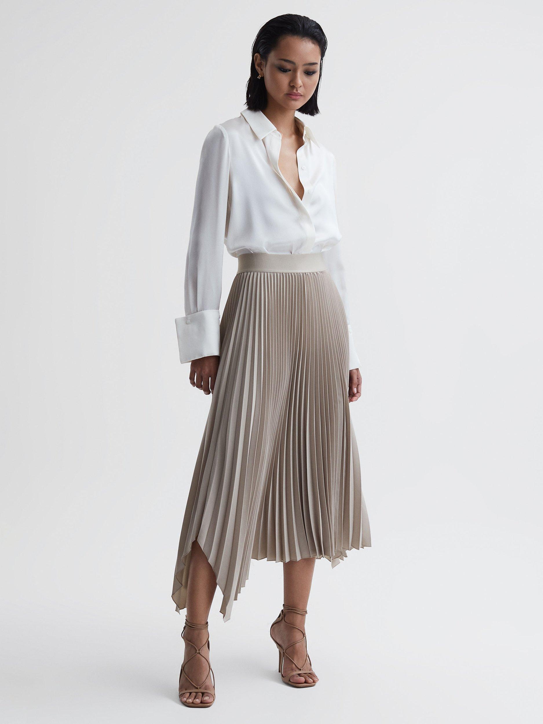 Reiss Jodie Pleated Asymmetric Hem Skirt, Champagne