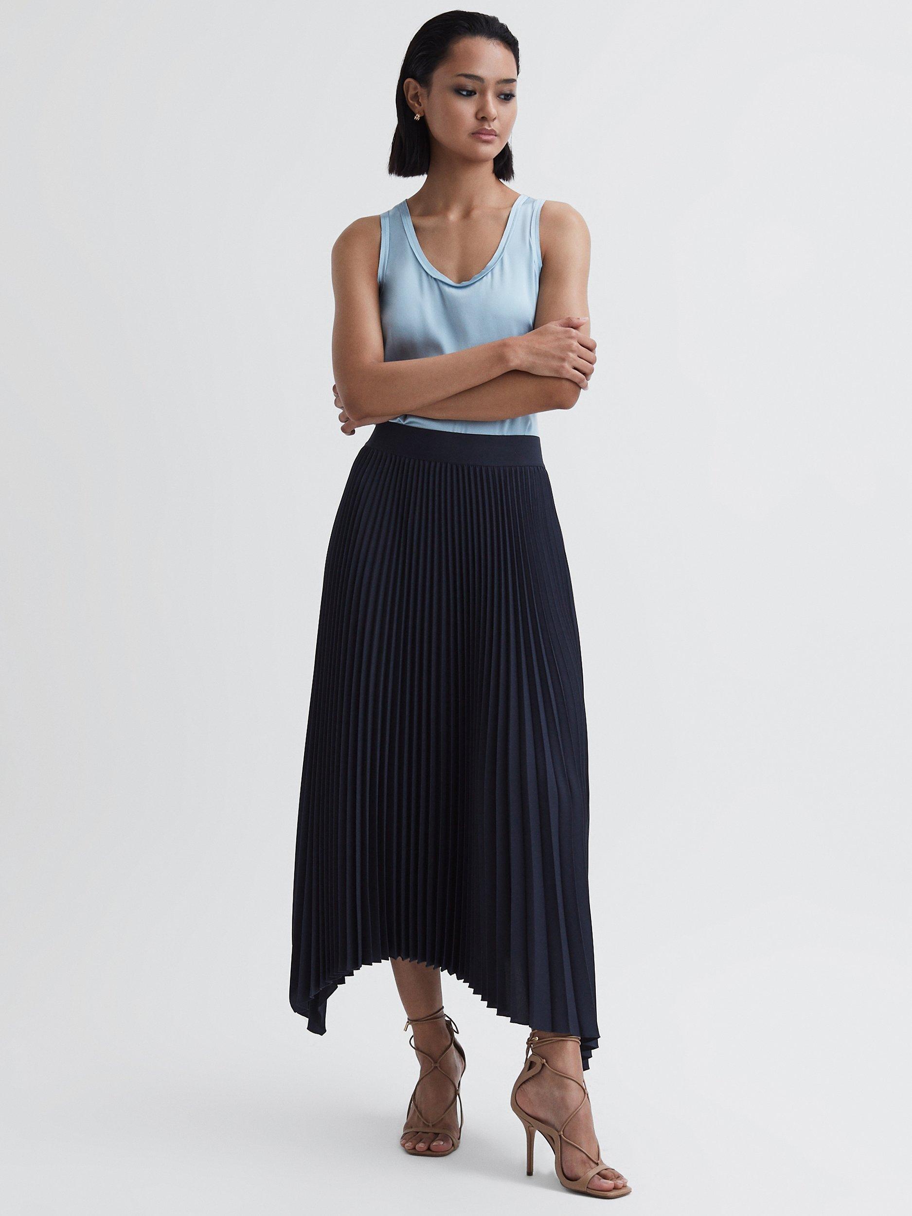 Reiss Jodie Pleated Asymmetric Hem Skirt, Navy