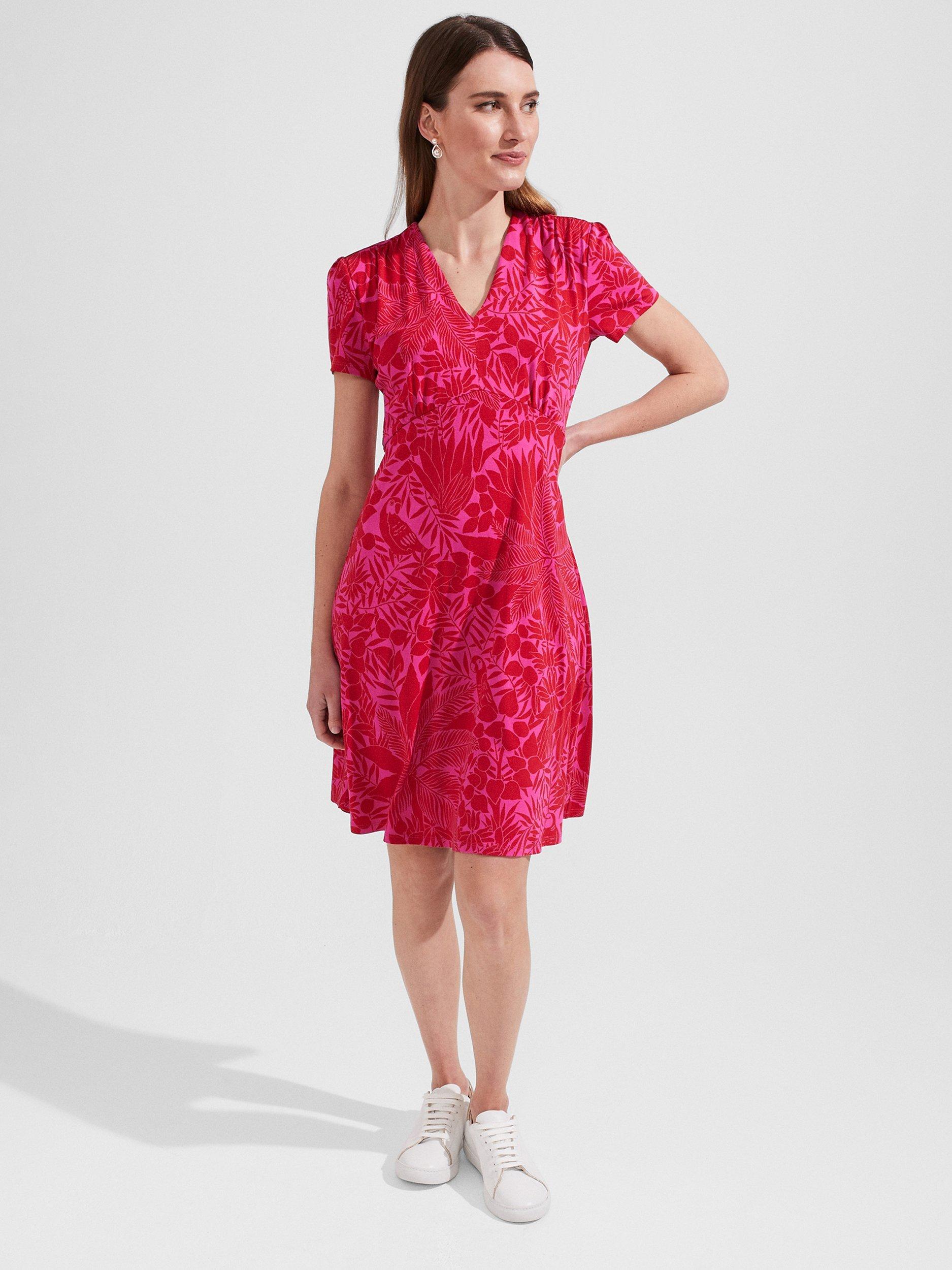 Hobbs Ann Leaf Print Jersey Dress, Pink/Red