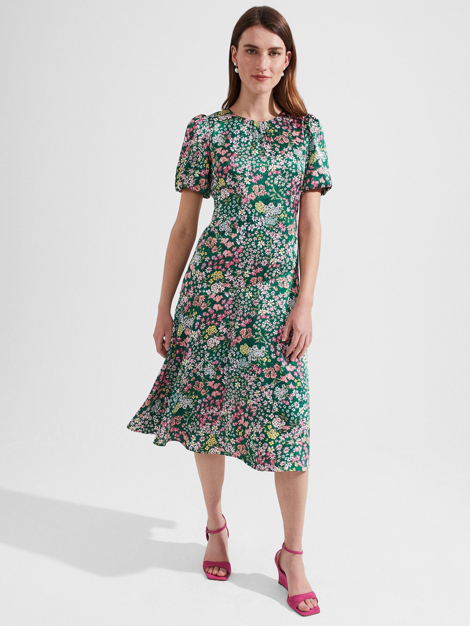 Hobbs Christina Midi Floral Dress, Green/Multi