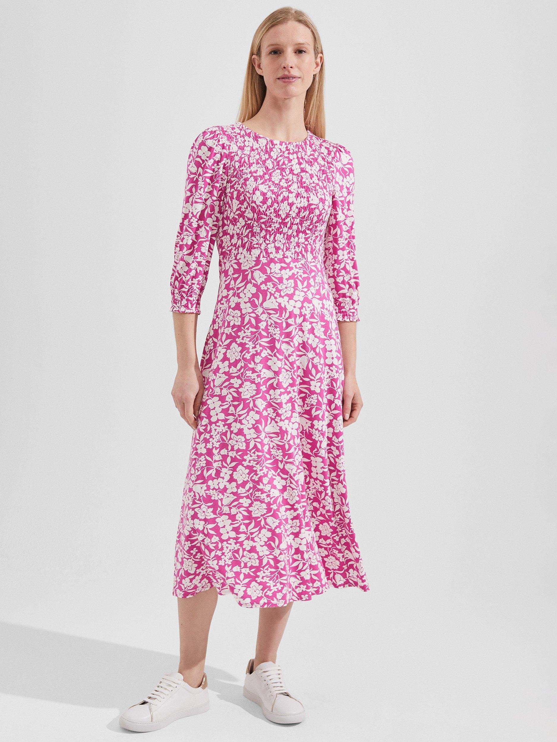 Hobbs Martina Midi Floral Jersey Dress, Fuchsia/Ivory