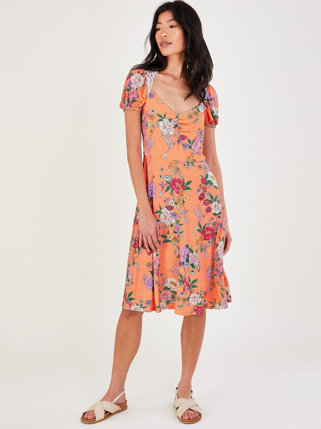 Monsoon Lace Insert Floral Print Dress, Peach