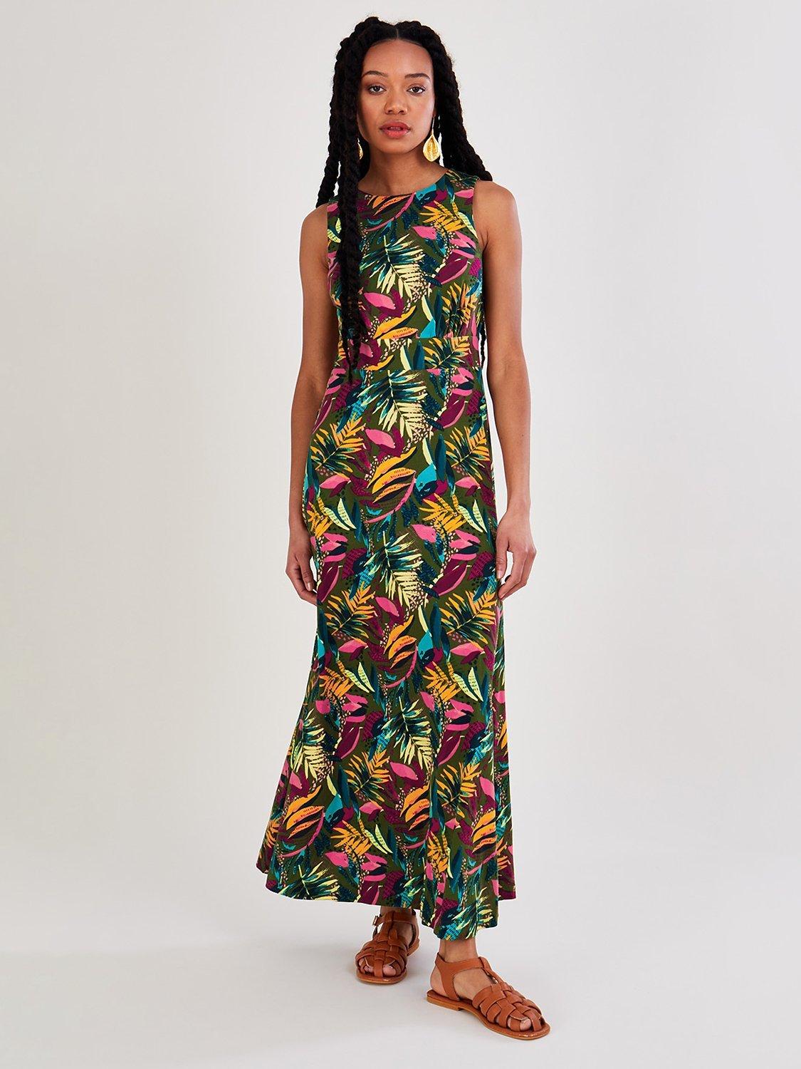 Monsoon Palm Print Cut Out Back Maxi Dress, Khaki