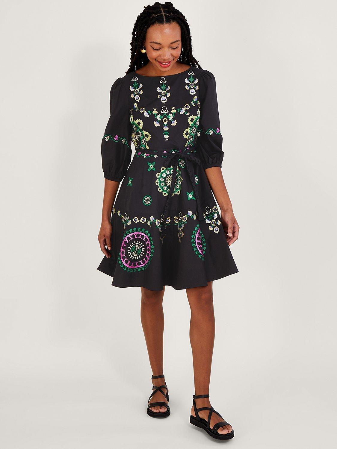 Monsoon Embroidered Floral Dress, Black