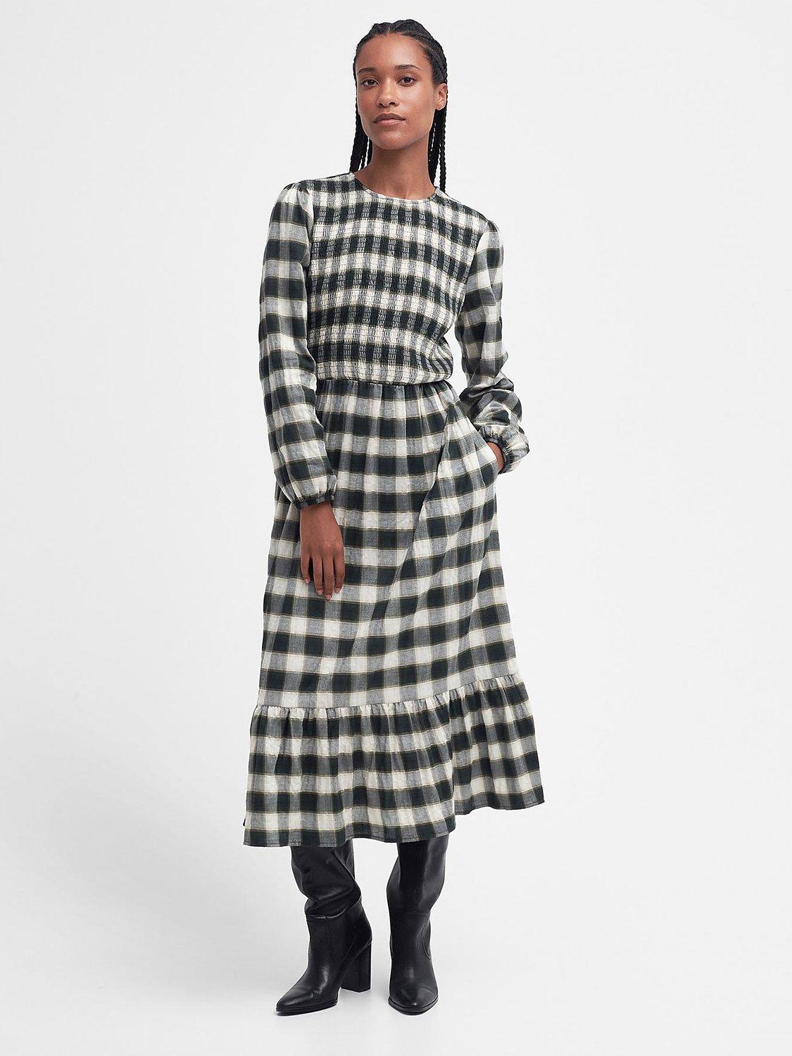 Barbour Angelina Check Shirred Bodice Midi Dress, Black/Multi