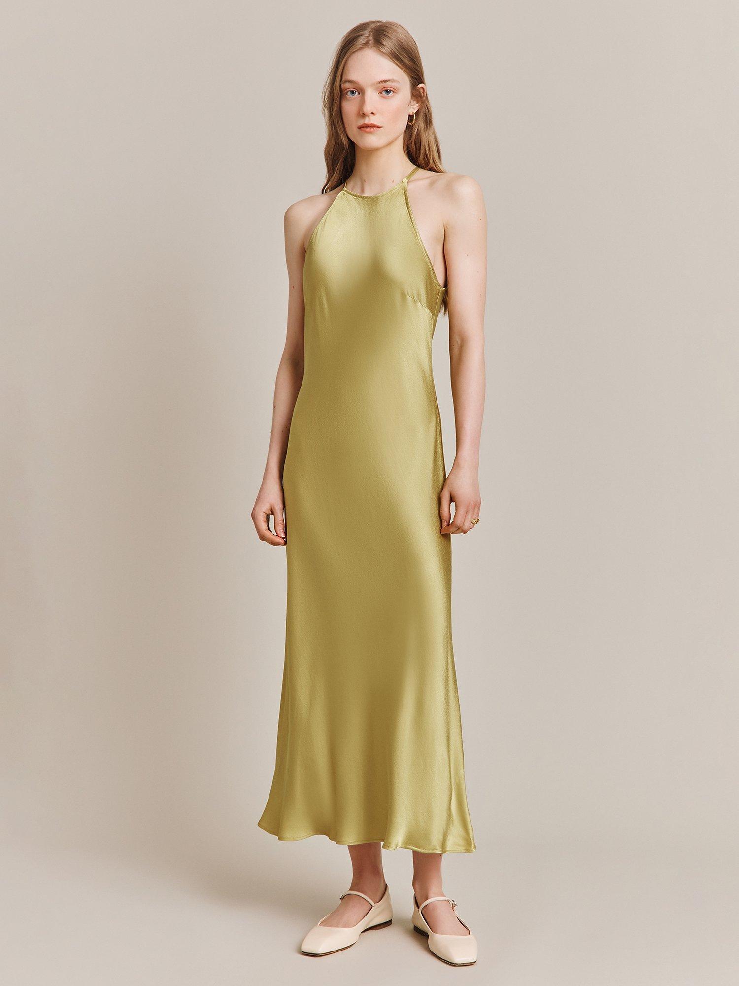 Ghost Elsie Satin Midi Dress, Light Olive
