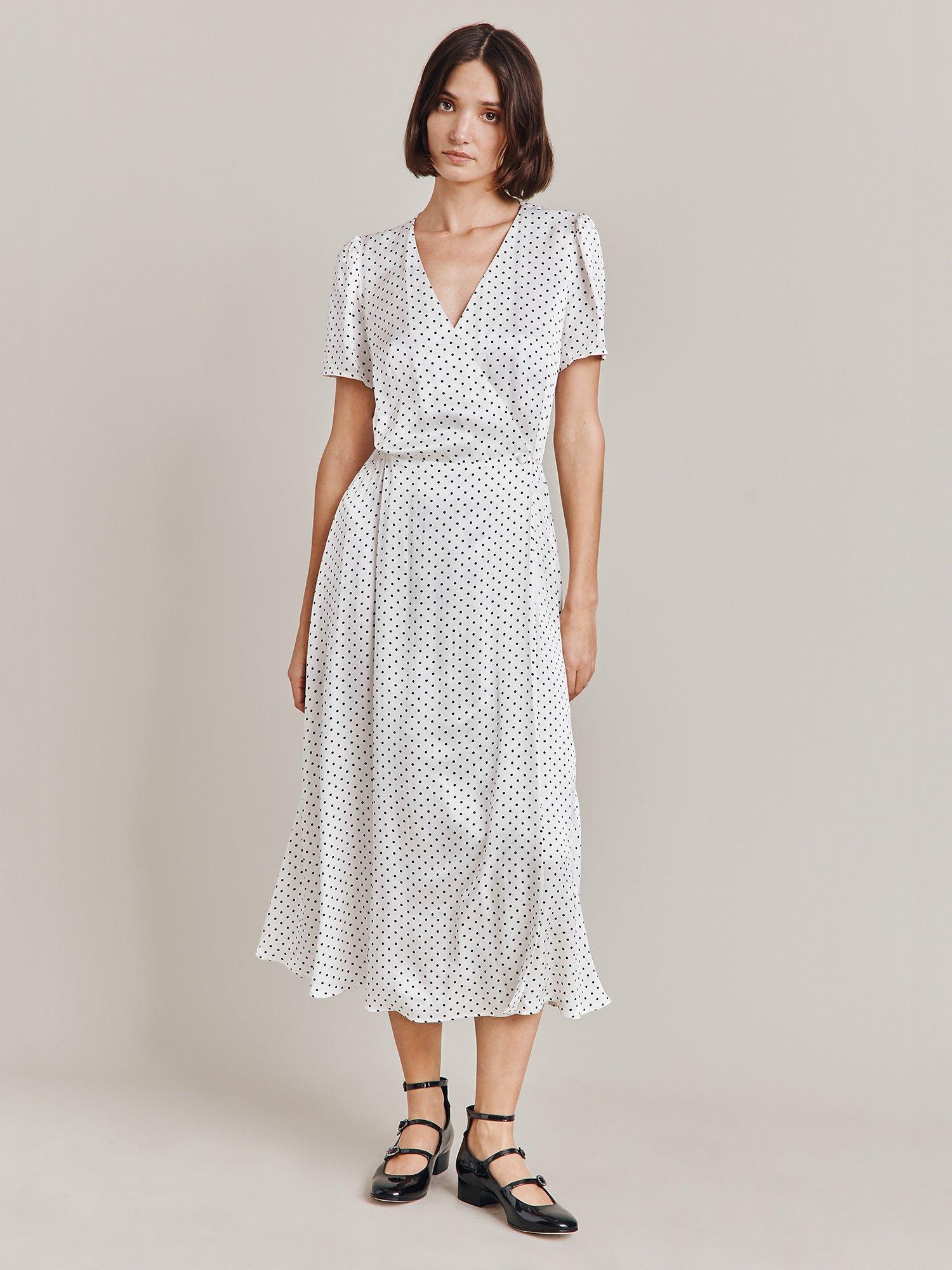 Product image 1 of 4, which shows Ghost Hana Polka Dot Print Midi Dress, Ivory/Multi, L