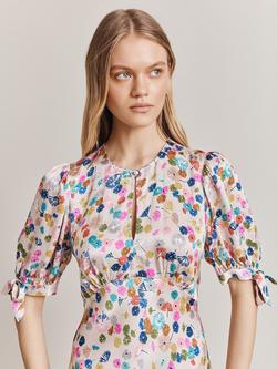 Ghost Josephine Satin Floral Midi Dress, Pink/Multi, Pink/Multi