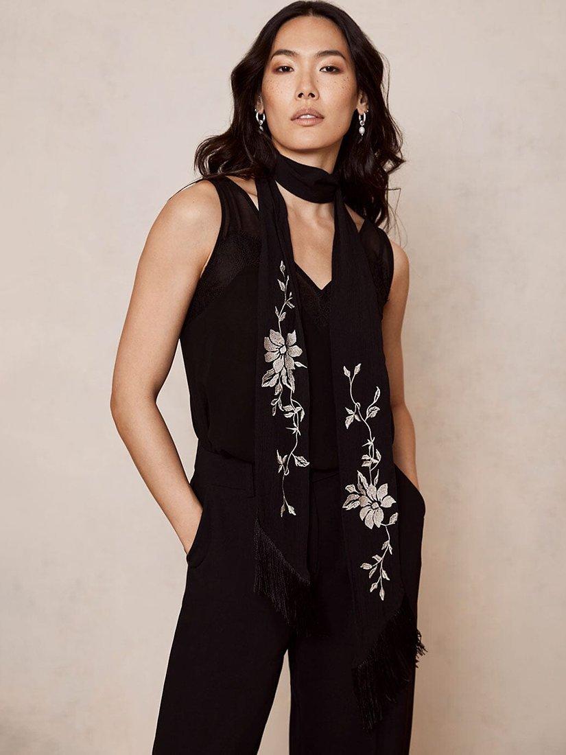 Mint Velvet Embroidered Skinny Scarf, Black