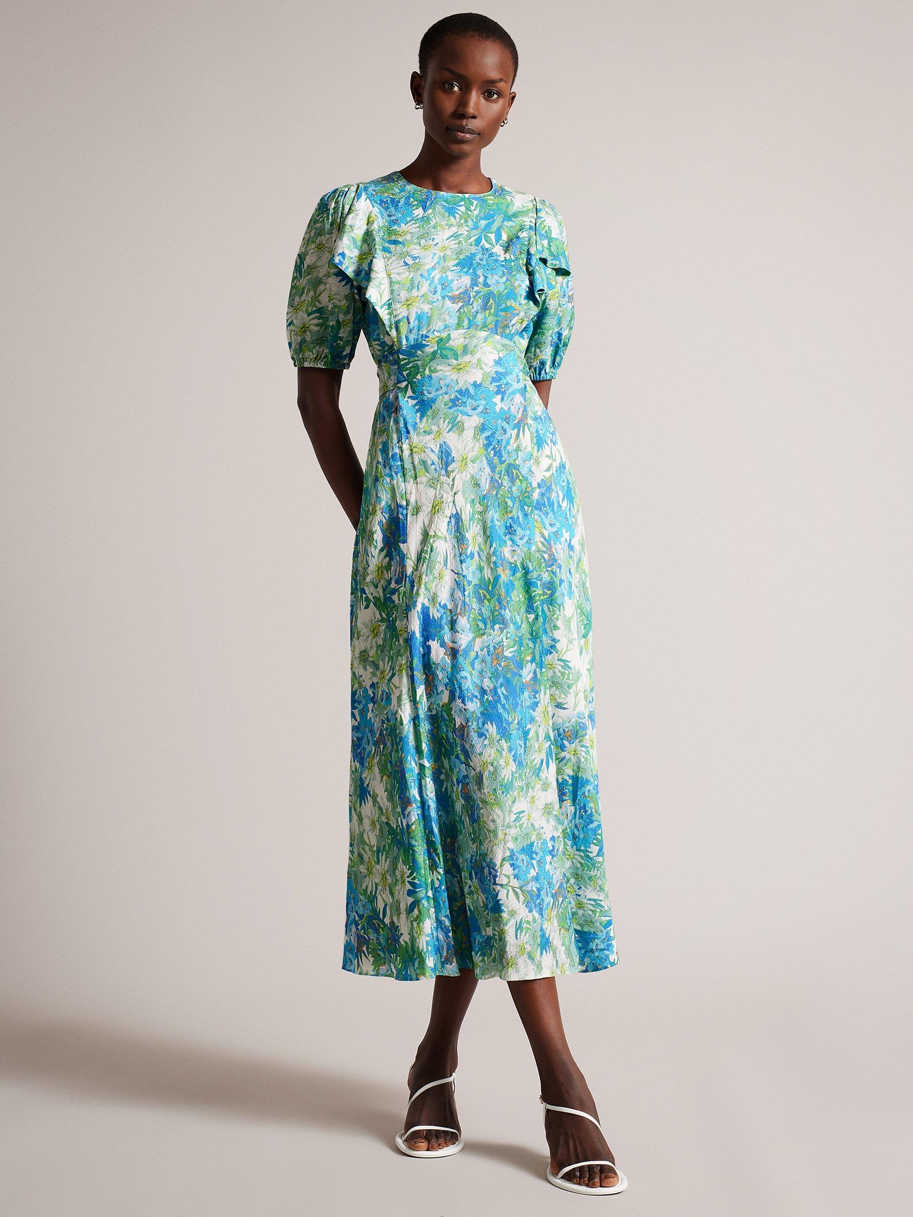 Ted Baker Nicciey Puff Sleeve Ruffle Midi Dress, Multi