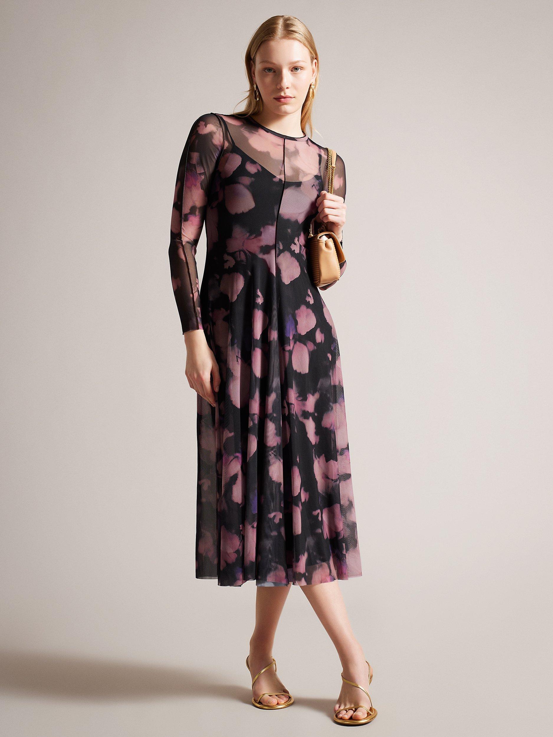 Ted Baker Samiyah Long Sleeve Mesh Midi Dress, Multi
