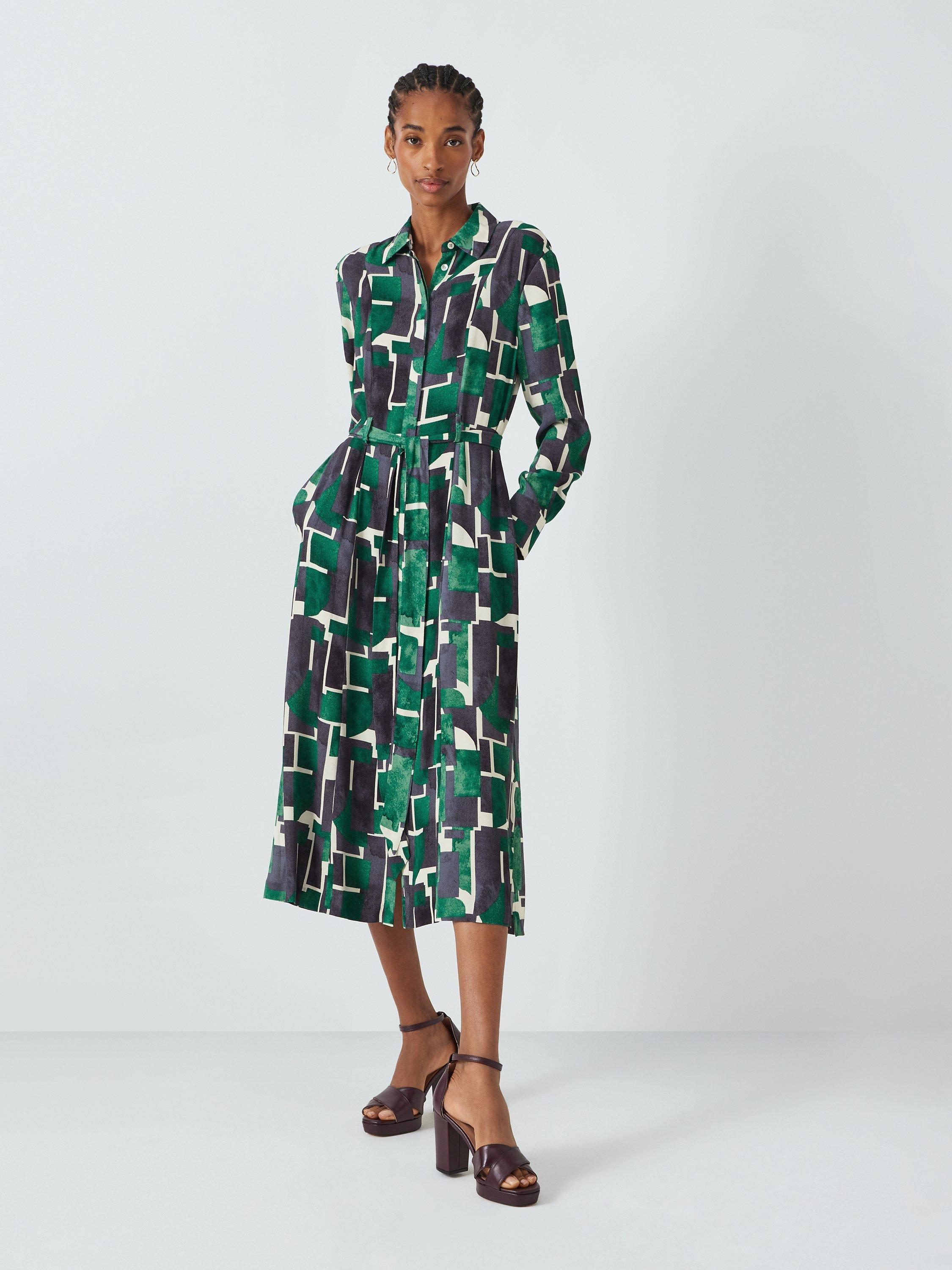 John Lewis Geometric Print Shirt Dress, Green/Multi