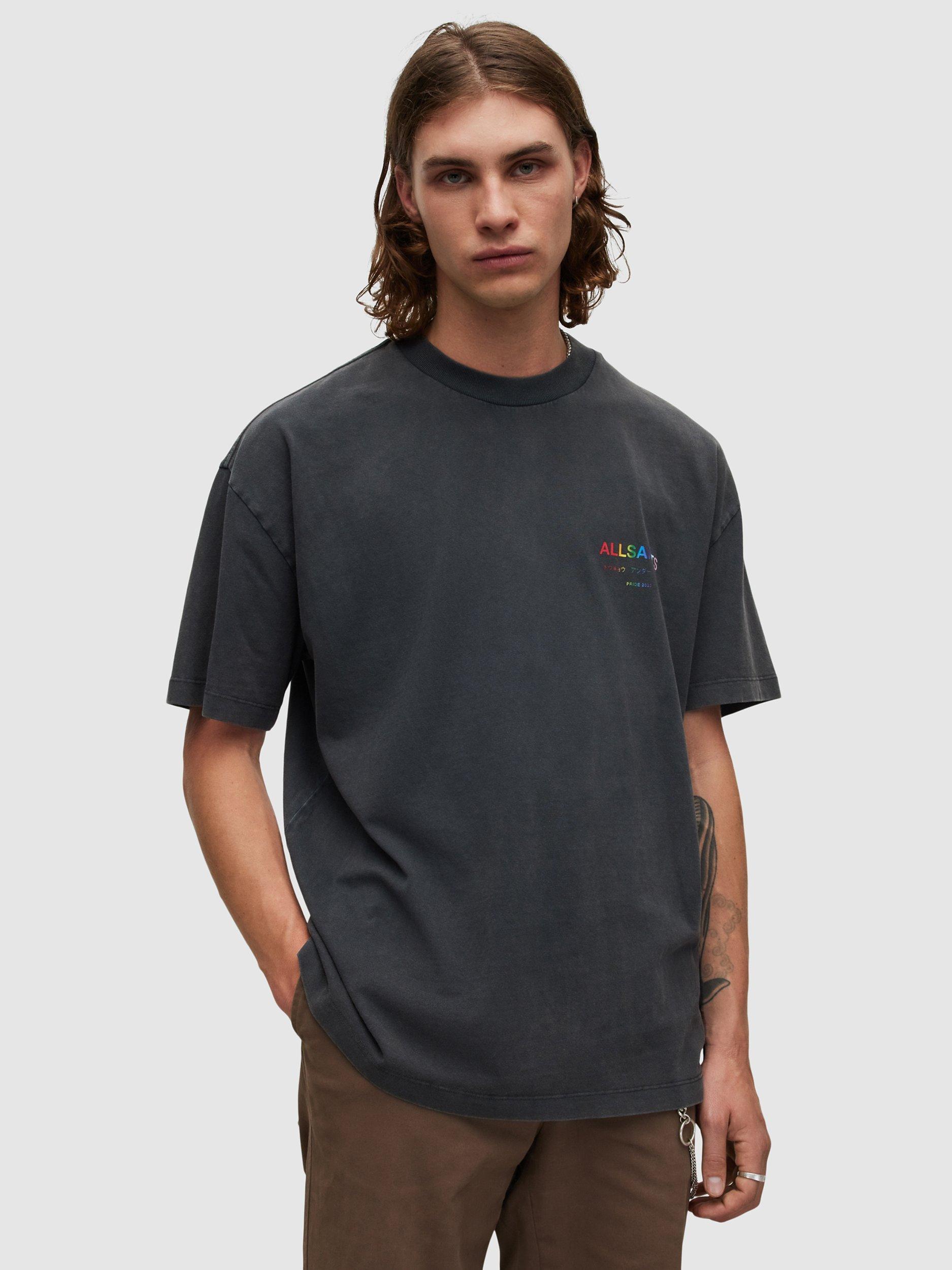 Product image 1 of 11, which shows AllSaints Underground Pride Crew Neck T-Shirt, Washed Black, L