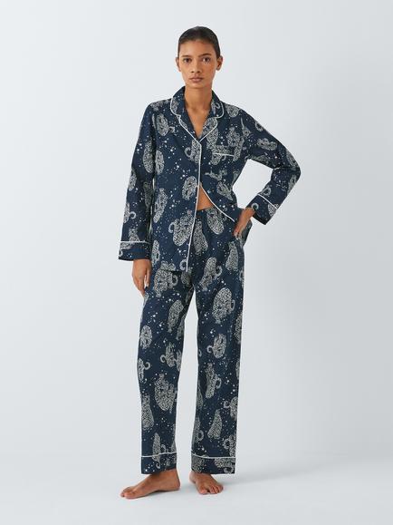 John Lewis Kendra Leopard Shirt Long Pyjama Set, Navy, Navy