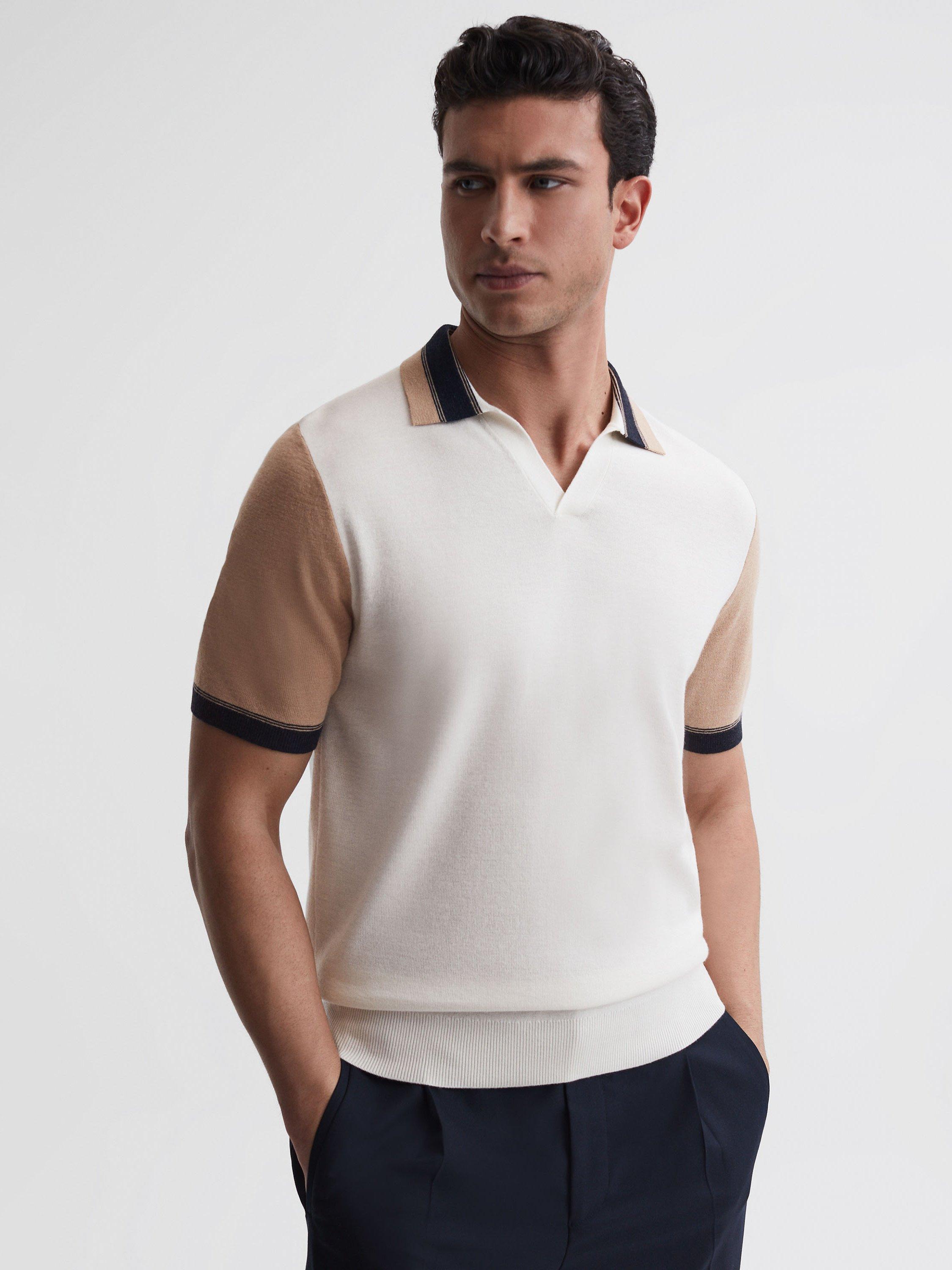 Reiss Kingsford Open Collar Short Sleeve Polo Top, Ecru/Camel