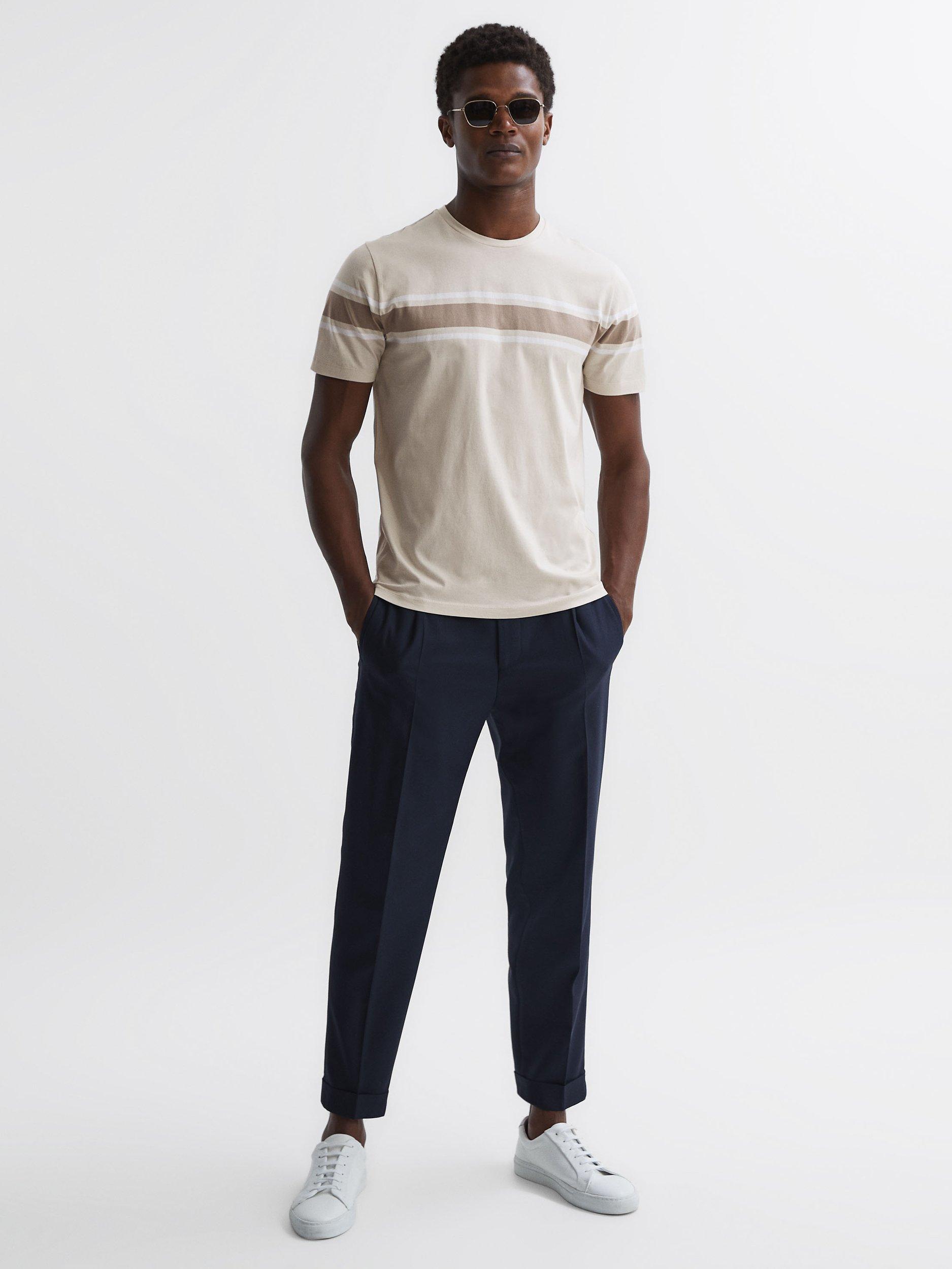 Reiss Hearts Crew Neck Chest Stripe Cotton T-Shirt, Oatmeal/Multi, L