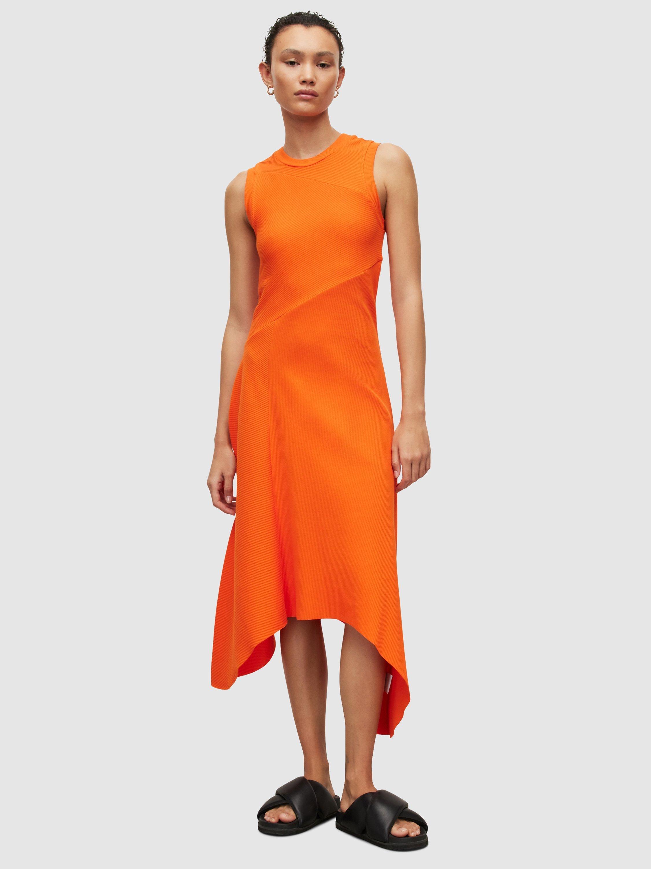AllSaints Gia Ribbed Hanky Hem Midi Dress, Pop Orange