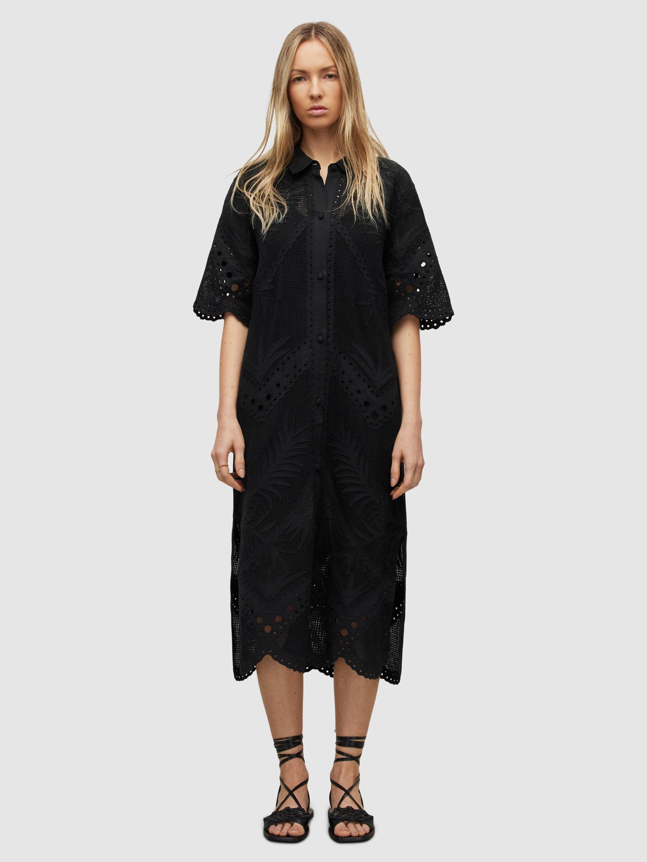 AllSaints Meria Broderie Midi Shirt Dress, Black