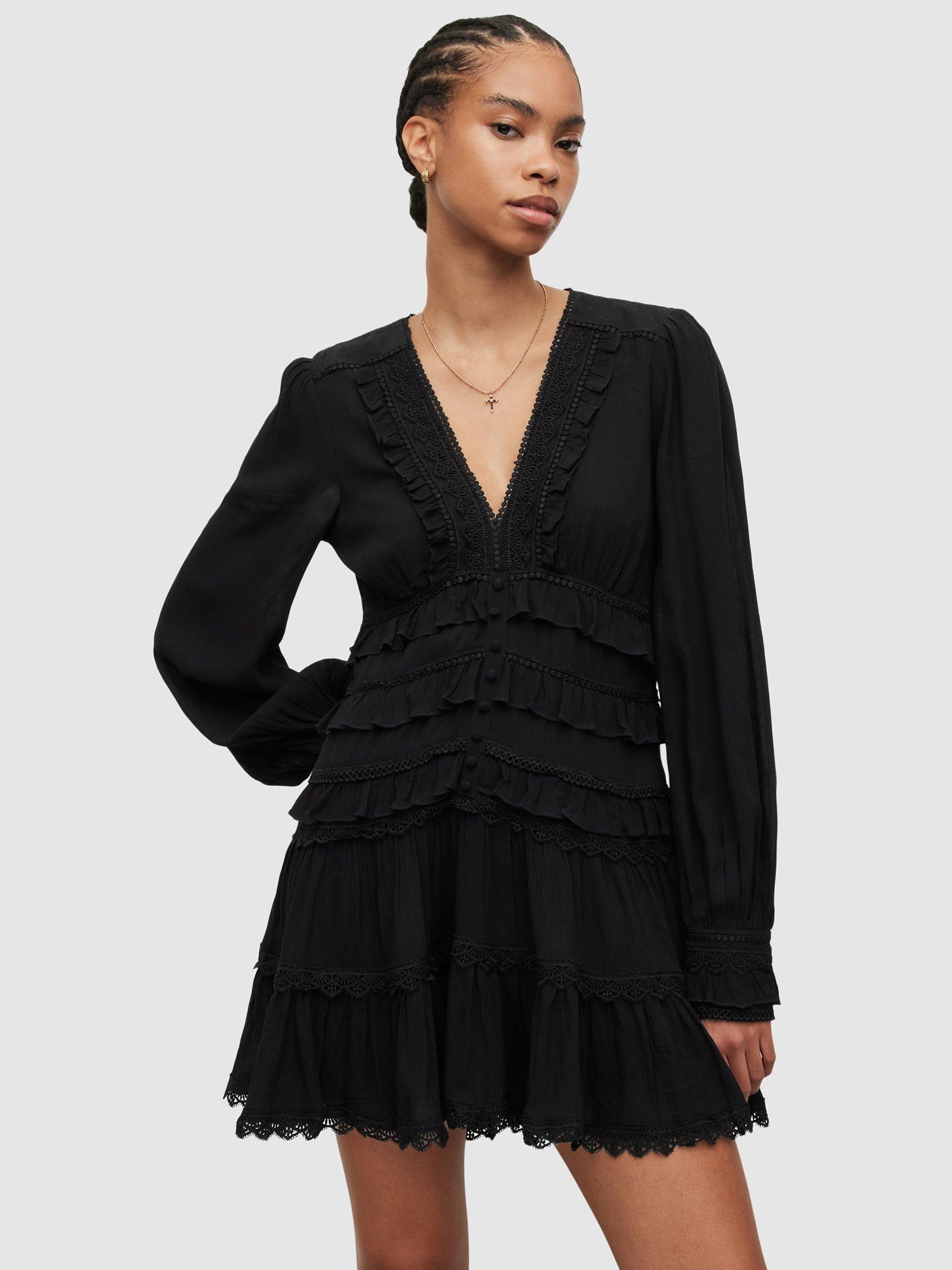 AllSaints Zora Lace Trim Tiered Mini Dress, Black