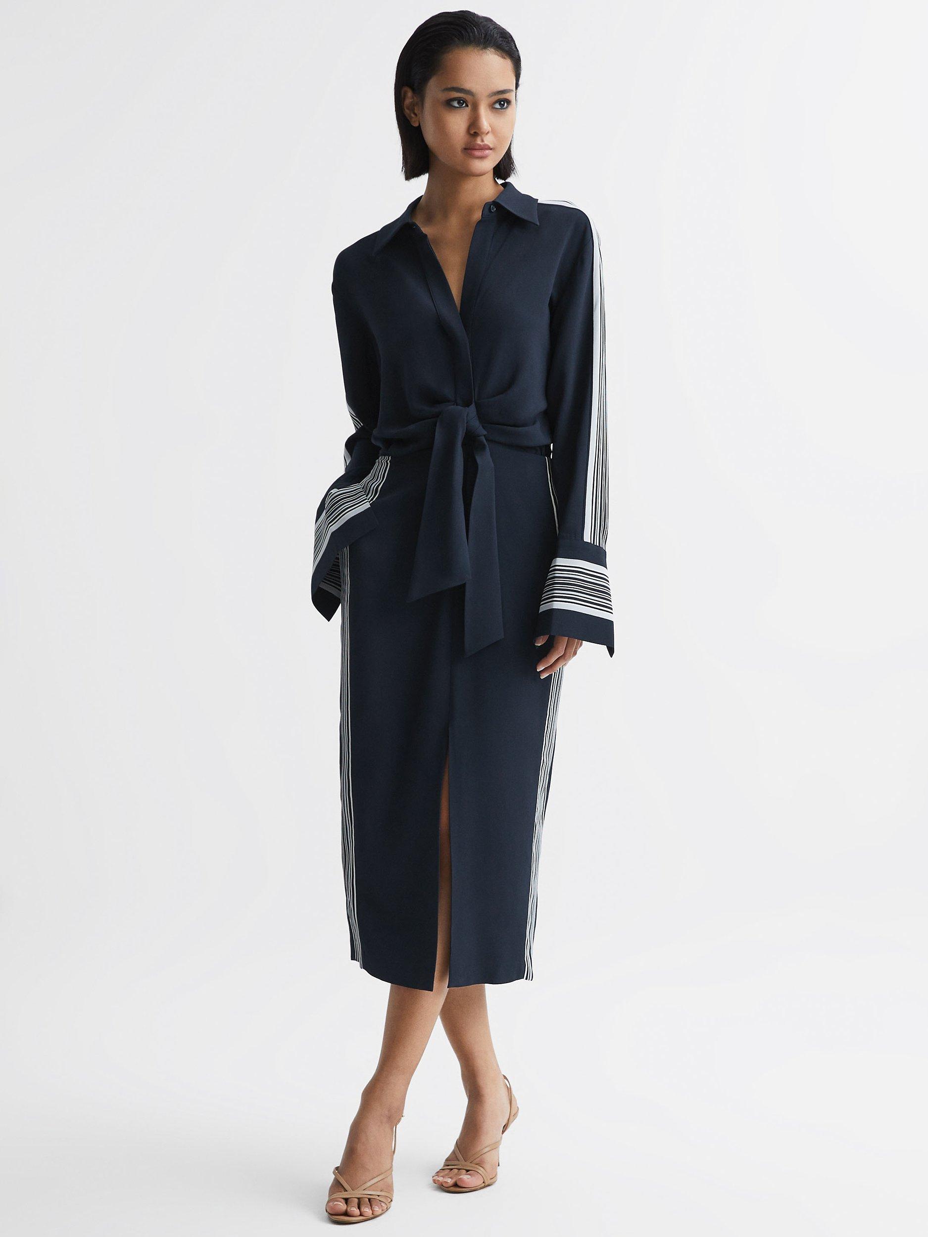 Reiss Petite Arabella Stripe Detail Midi Shirt Dress, Navy