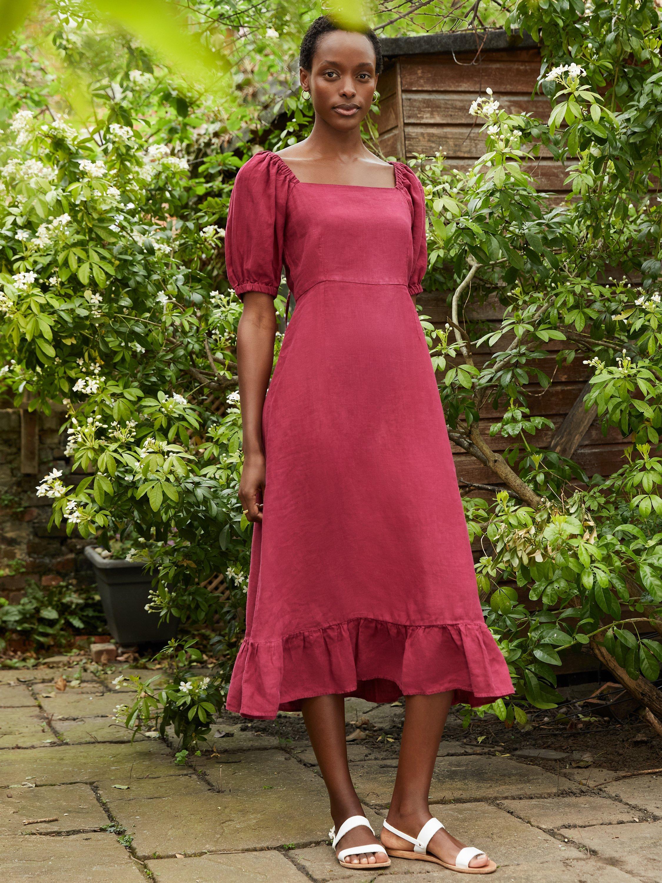 Baukjen Nancy Linen Midi Dress, Raspberry