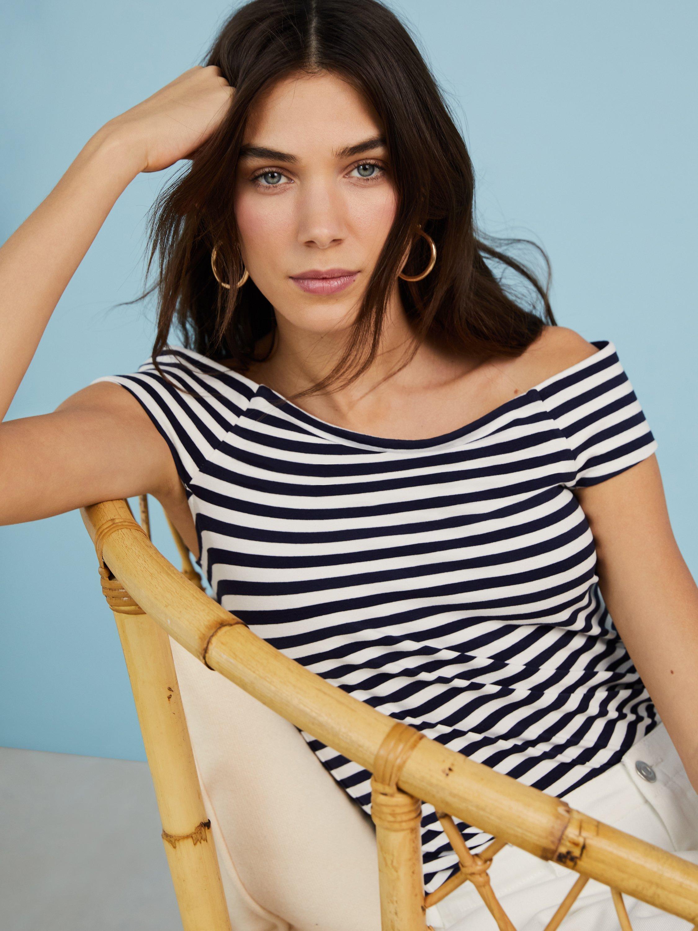 Baukjen Jeanette Striped Bardot Top, White/Navy