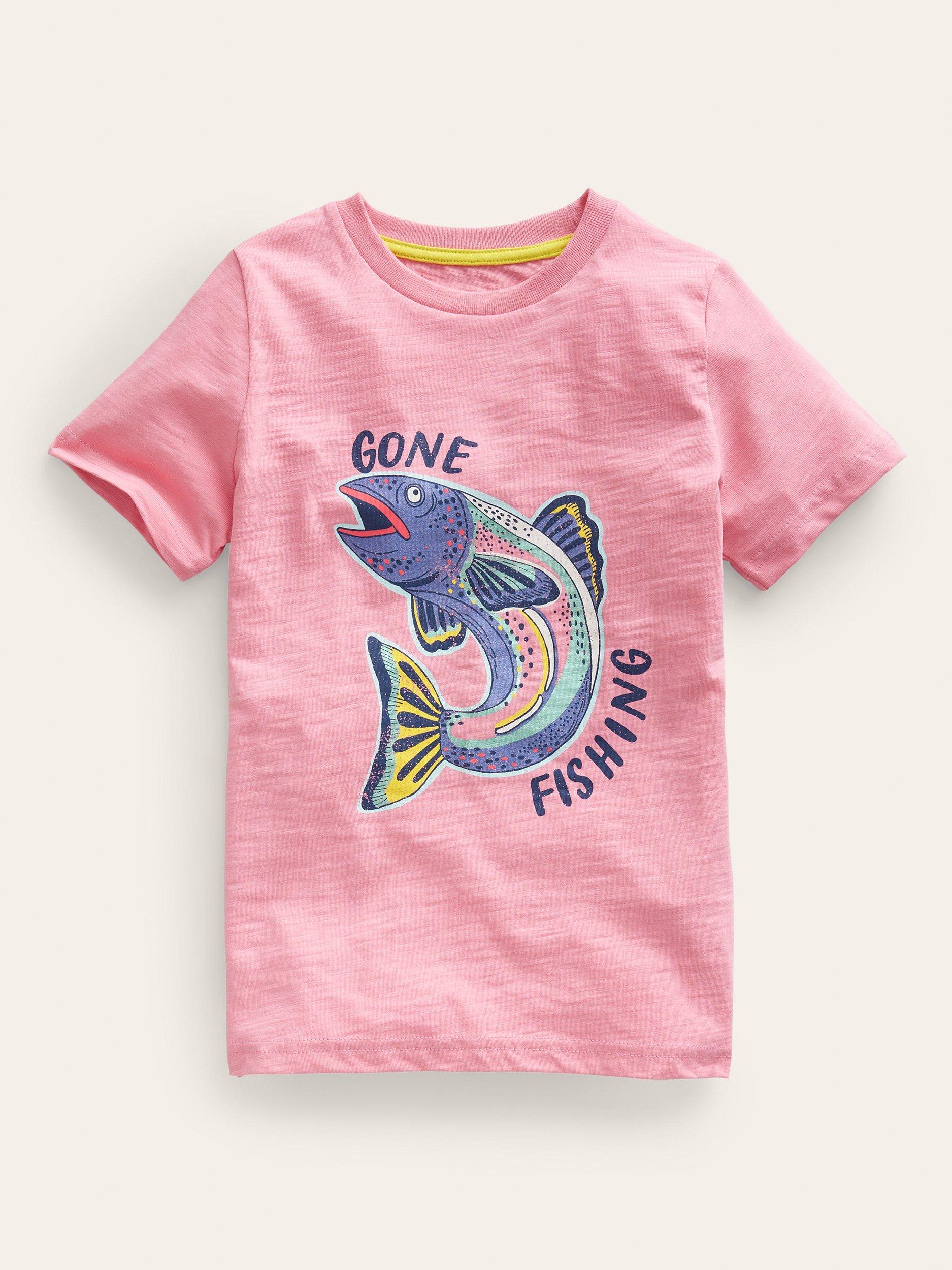 Mini Boden Kids' Metallic Fishing Print T-Shirt, Carousel Pink