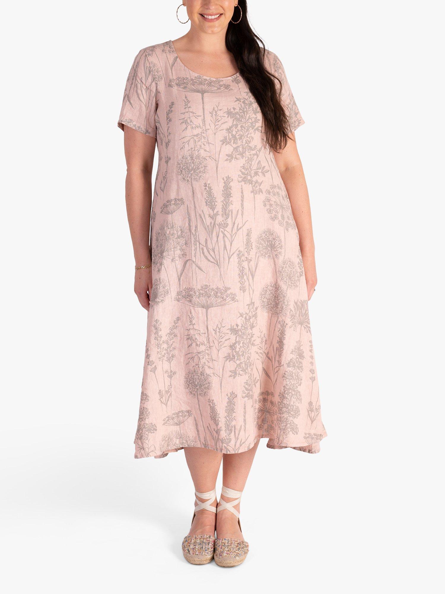 Product image 1 of 6, which shows chesca Curve Botanical Print Linen Midi Dress, Pink/Grey, 12-14
