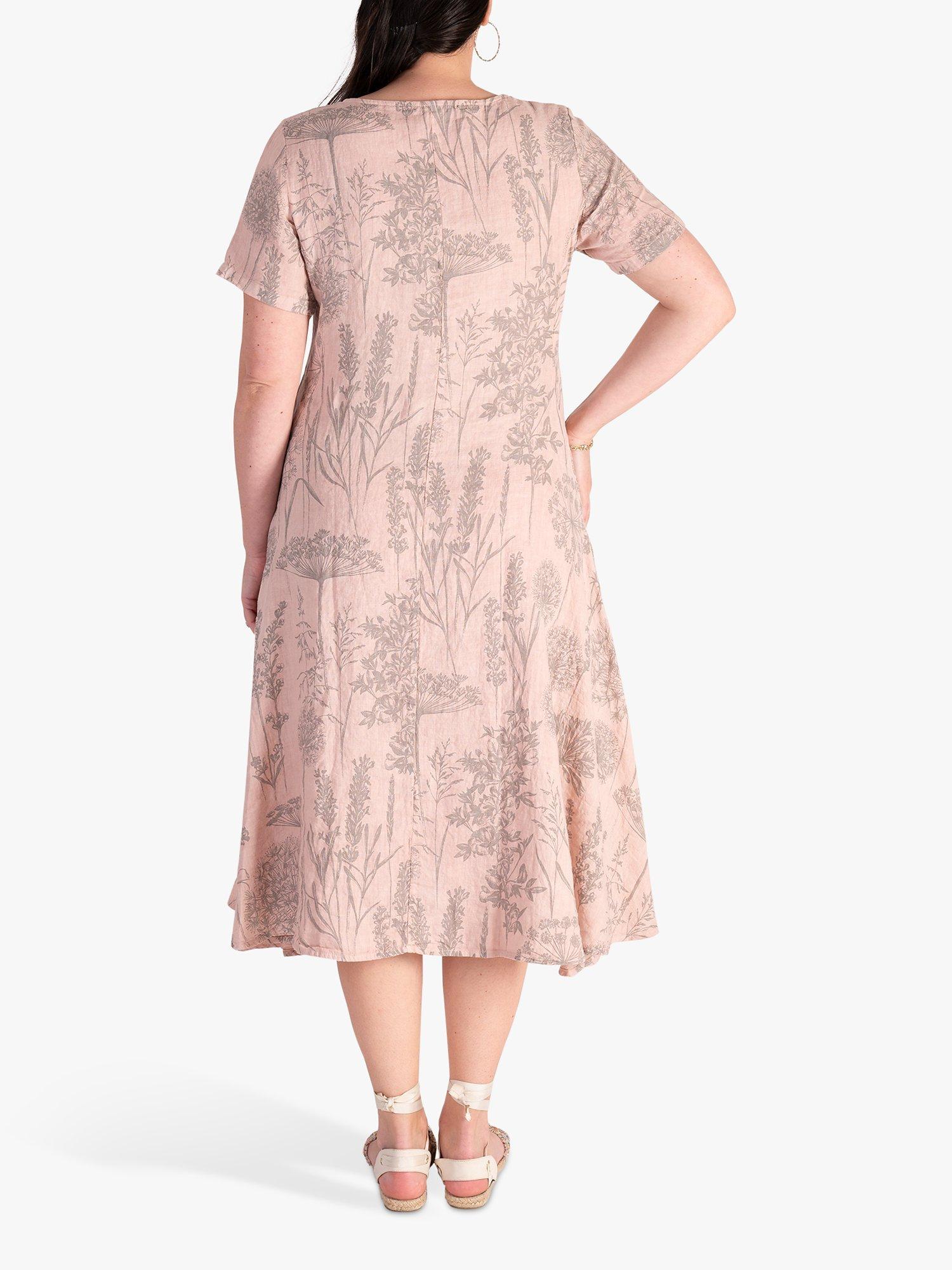Product image 2 of 6, which shows chesca Curve Botanical Print Linen Midi Dress, Pink/Grey, 12-14