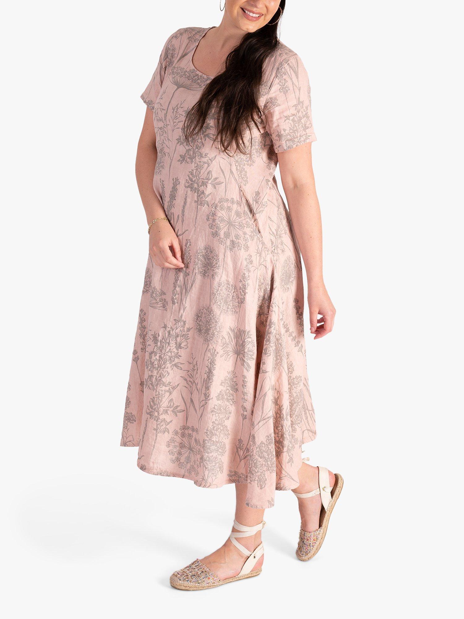 Product image 3 of 6, which shows chesca Curve Botanical Print Linen Midi Dress, Pink/Grey, 12-14