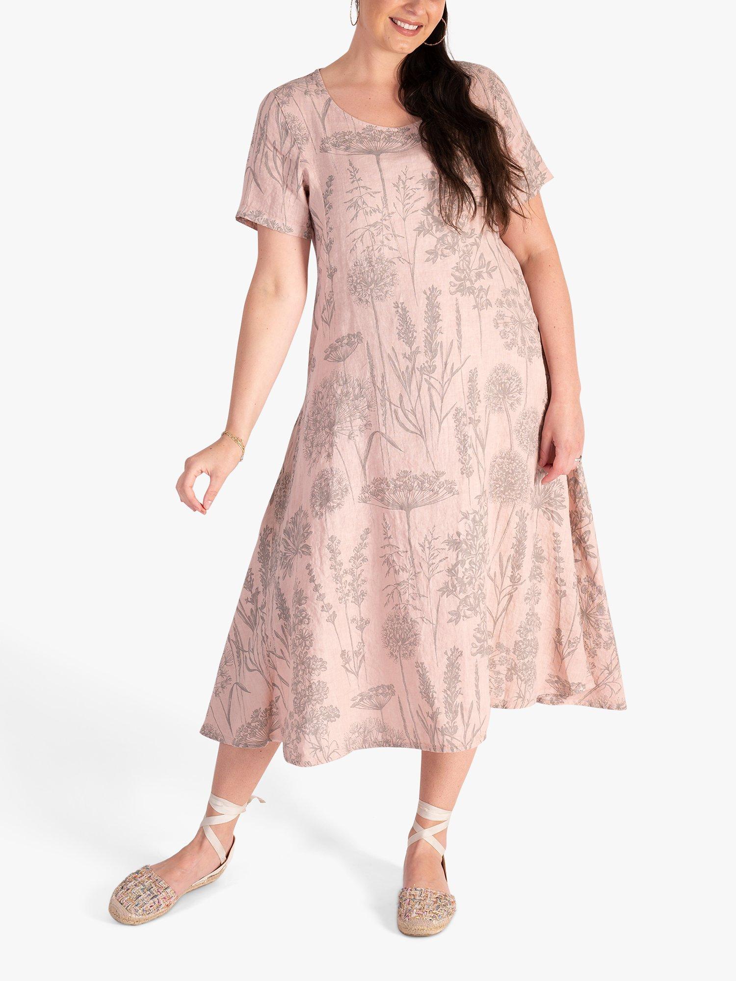Product image 4 of 6, which shows chesca Curve Botanical Print Linen Midi Dress, Pink/Grey, 12-14