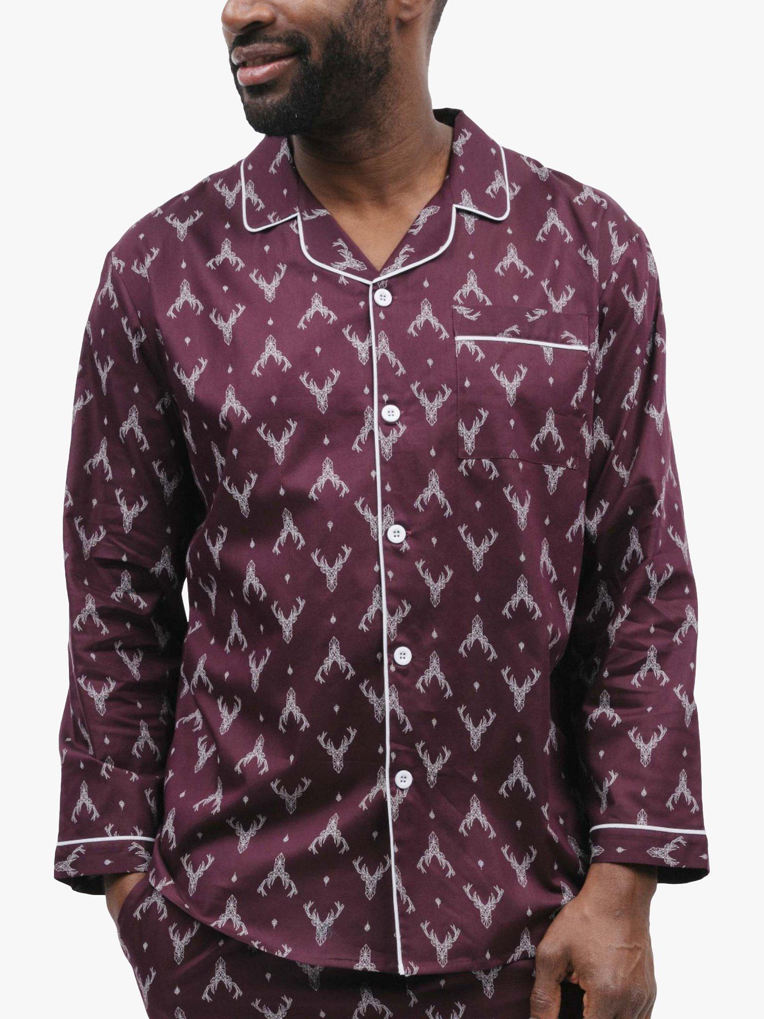 Product image 1 of 4, which shows Cyberjammies Spencer Stag Print Pyjama Top, Burgundy, S