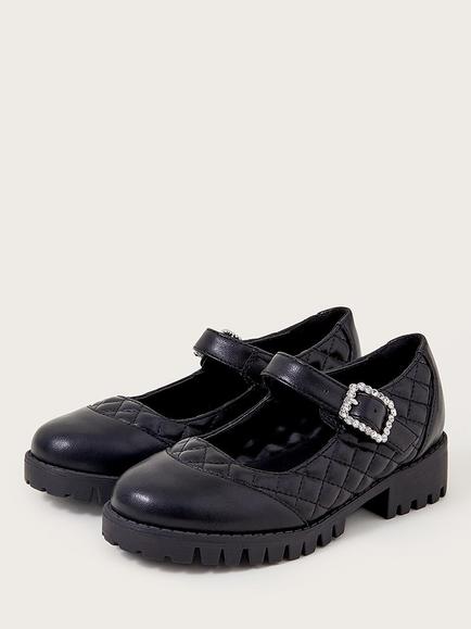 Monsoon Kids' Diamante Quilted Mary Jane School Shoes - view 2, Black