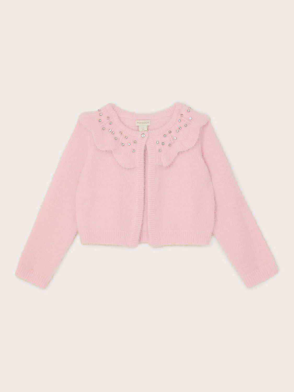 Monsoon Kids' Fluffy Gem Collar Cardigan, Pink