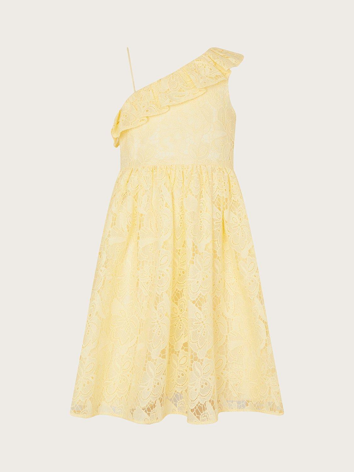 Monsoon Kids' Lace One Shoulder Knee Length Dress, Lemon