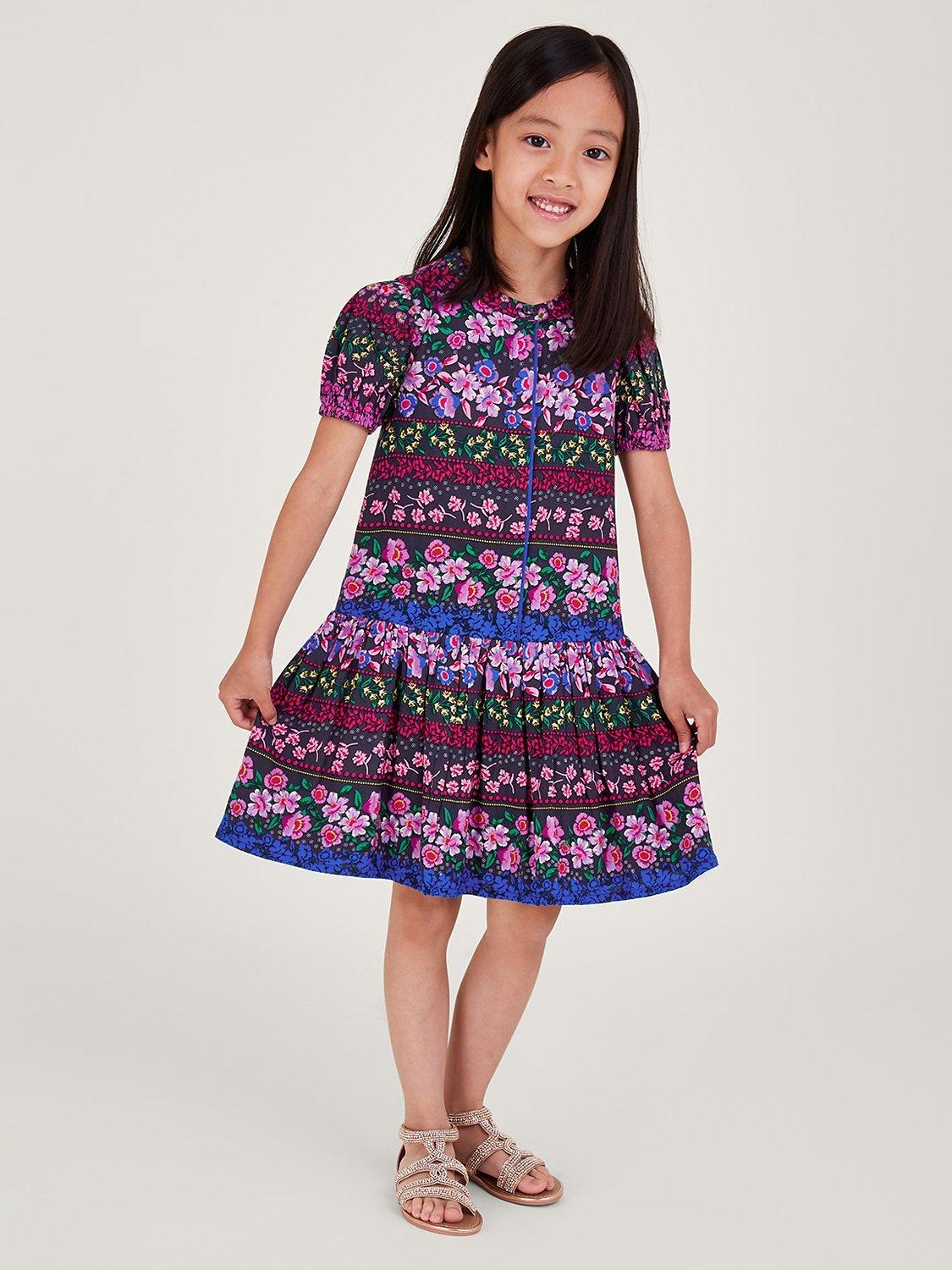 Monsoon Kids' Floral Stripe Print Dress, Navy/Multi