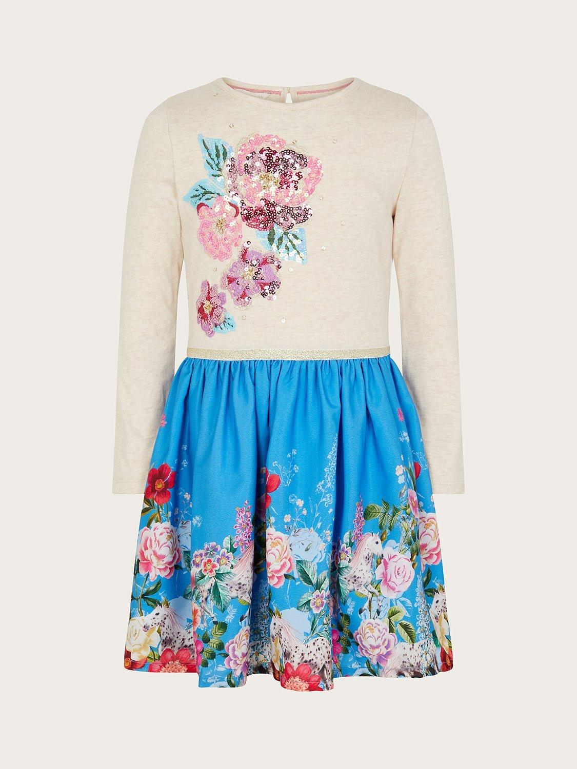 Monsoon Kids' Floral 2-in-1 Knee Length Dress, Blue