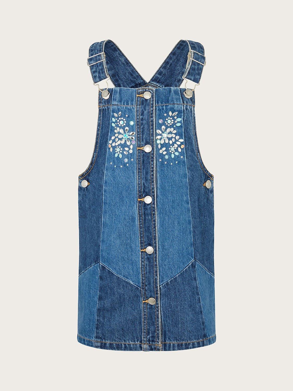 Monsoon Kids' Denim Pinny Gem Embellished Knee Length Dress, Blue
