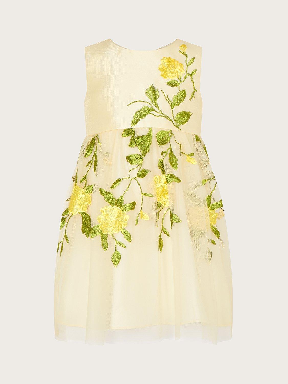 Monsoon Baby Rose Embroidered Dress, Lemon