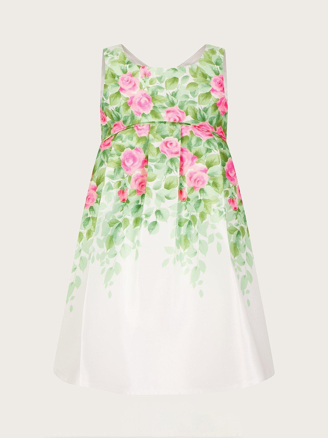 Monsoon Baby Rose Print Duchess Dress, Ivory/Multi
