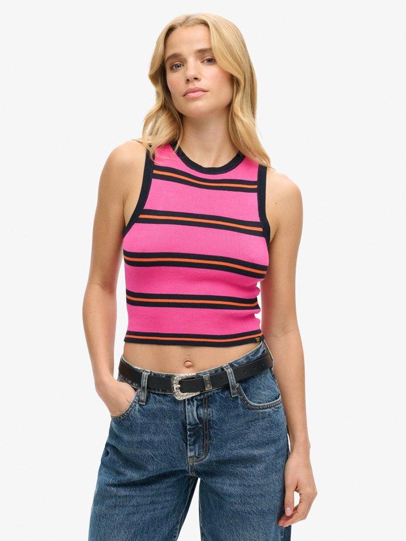 Product image 1 of 4, which shows Superdry Fine Knit Tank Top, Pink/Eclipse Navy, 8