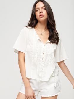 Superdry Short Sleeve Embroidered Button Top, Ecru, Ecru