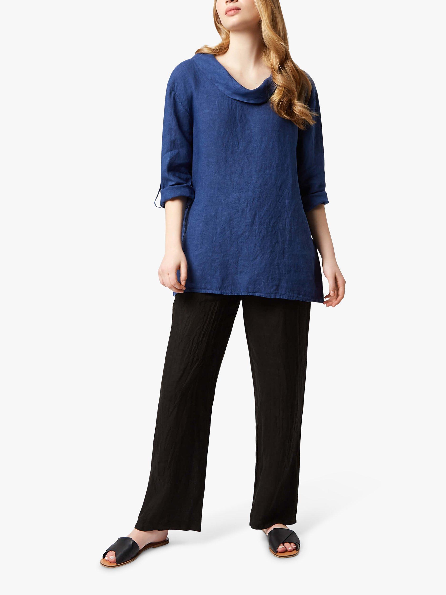 James Lakeland Long Linen Cowl Neck Top, Navy