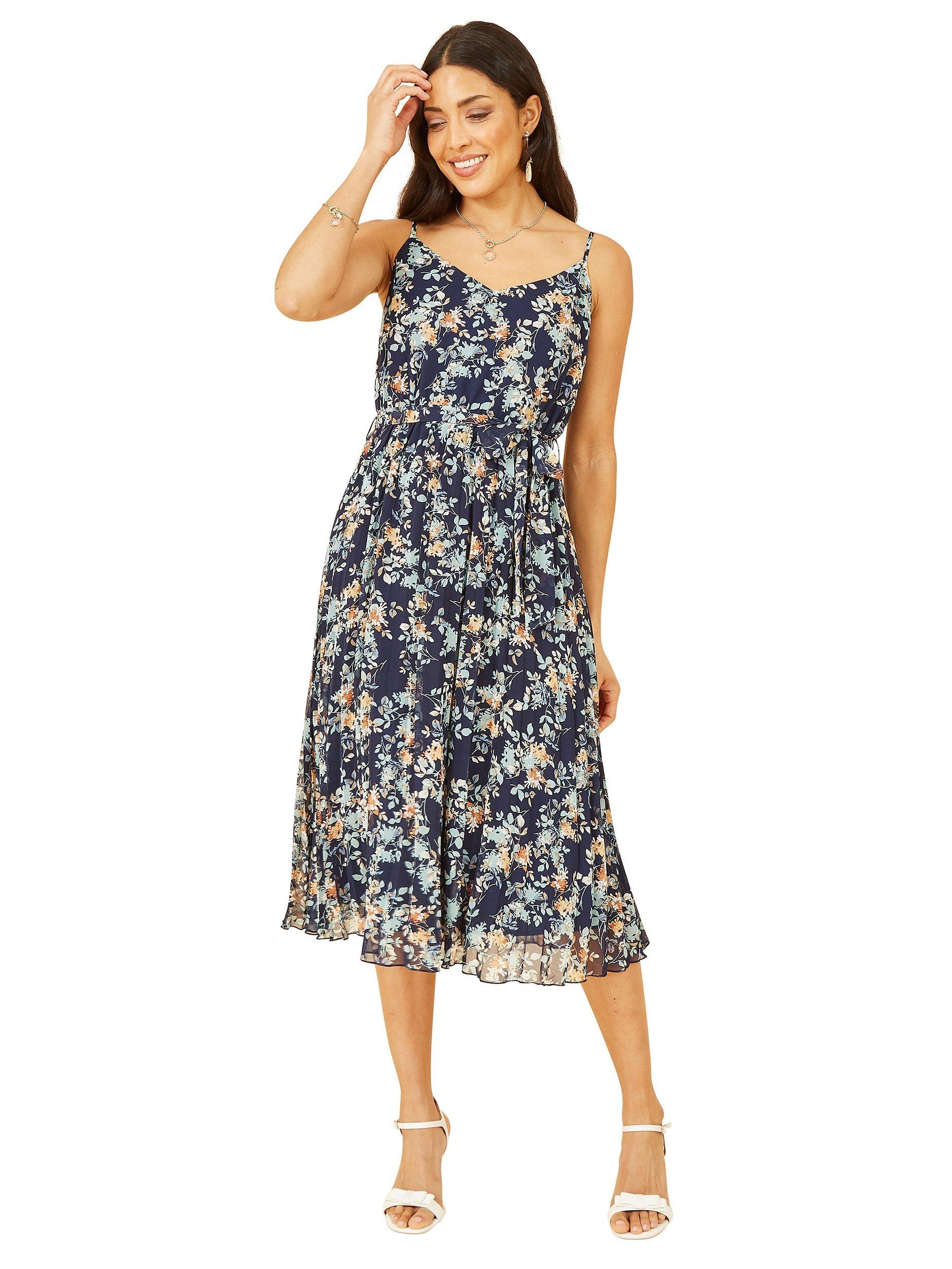 Yumi Mela Floral Strappy Pleated Midi Dress, Navy