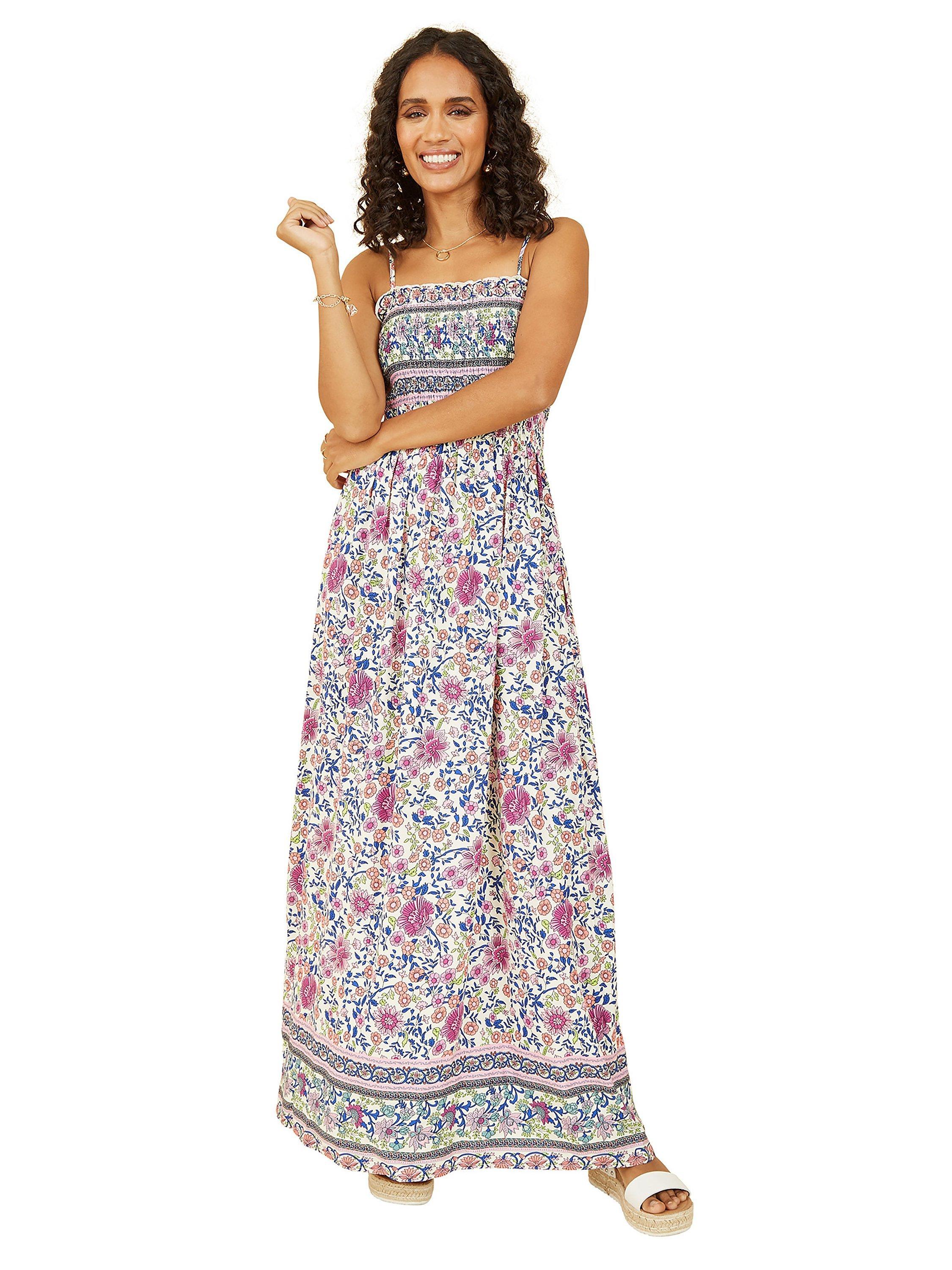 Yumi Mela Border Floral Print Shirred Maxi Dress, Pink