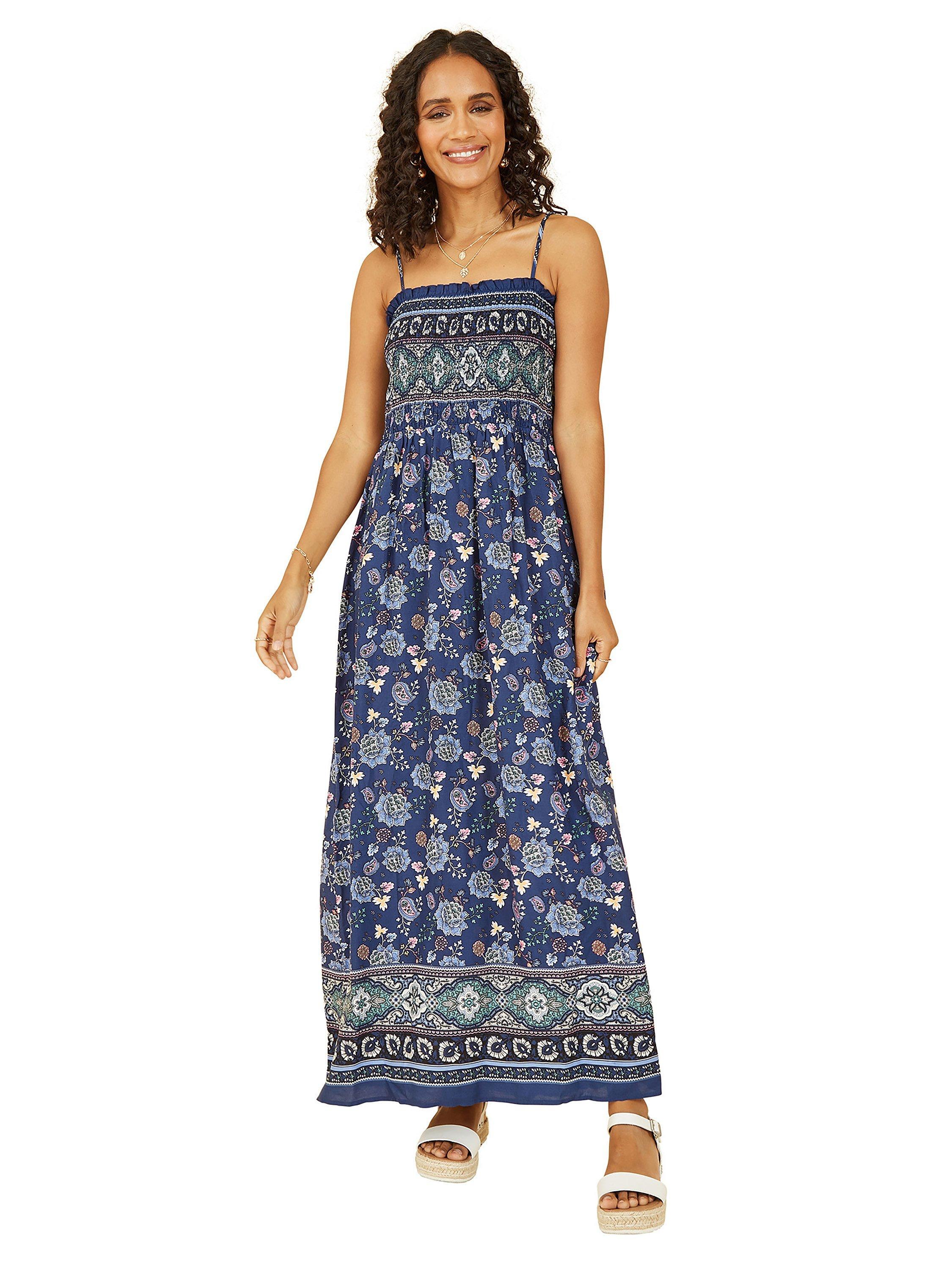 Product image 1 of 4, which shows Yumi Border Floral Print Shirred Maxi Dress, Navy, 8